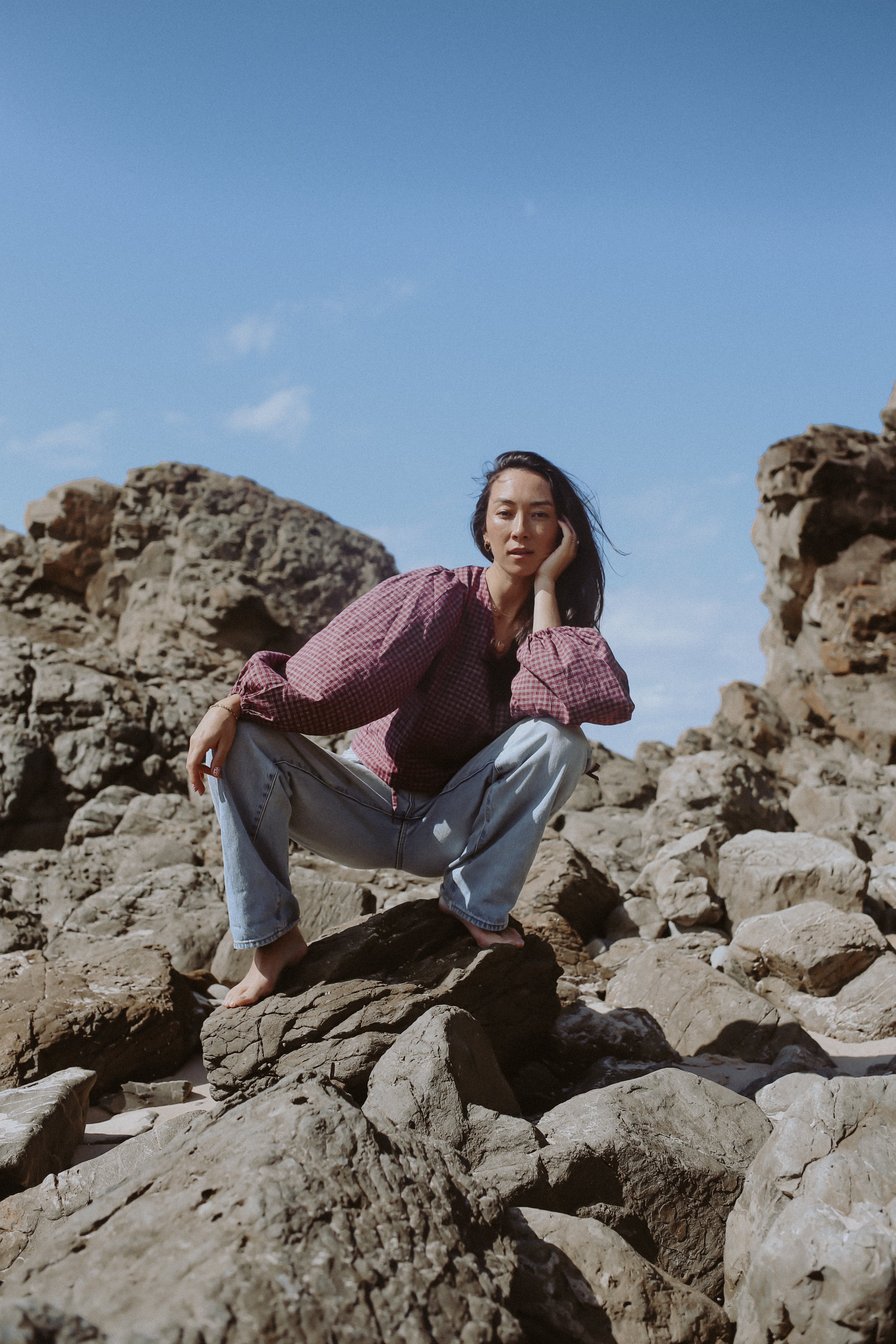 Ella Wrap Top Fig Hemp Check