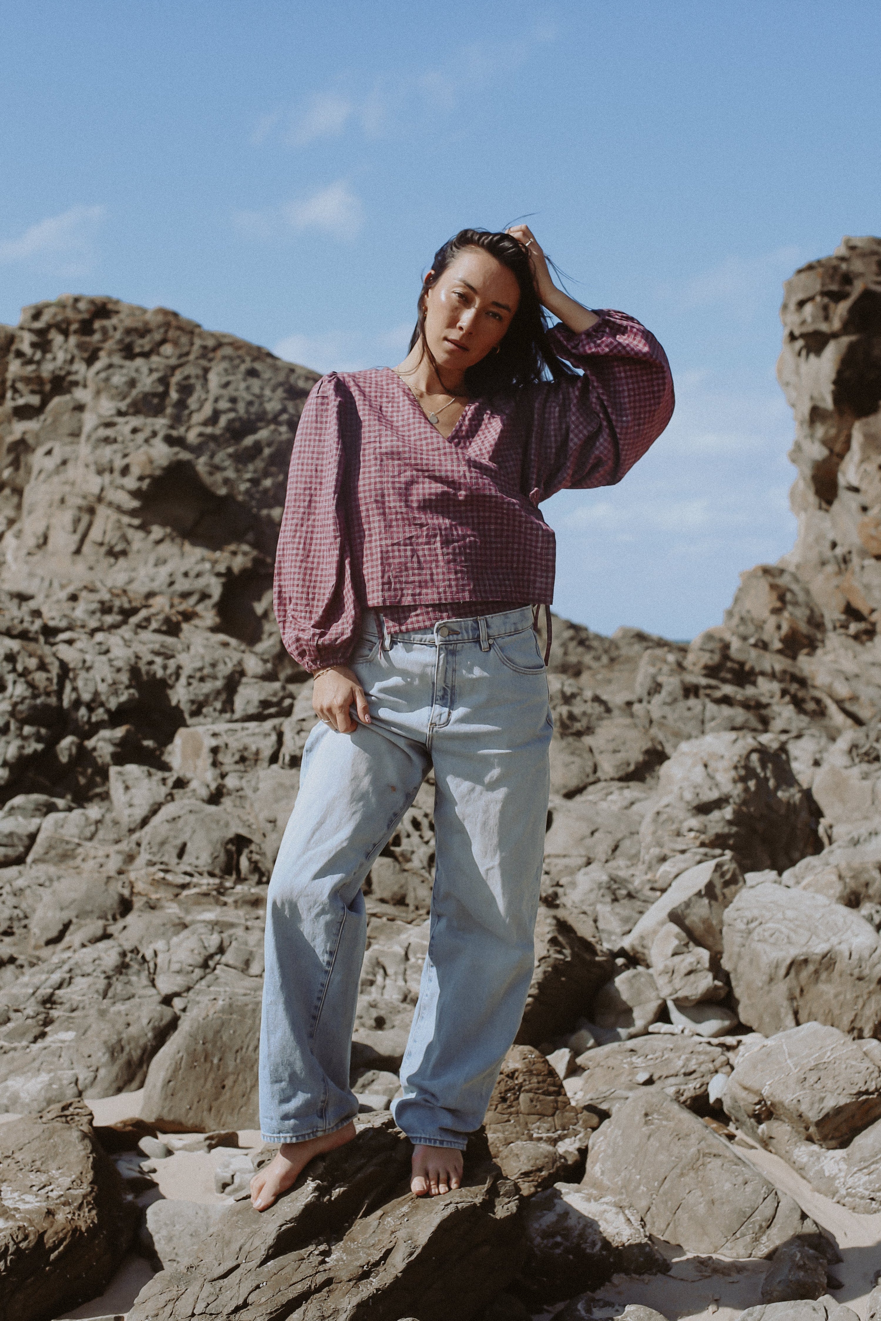 Ella Wrap Top Fig Hemp Check