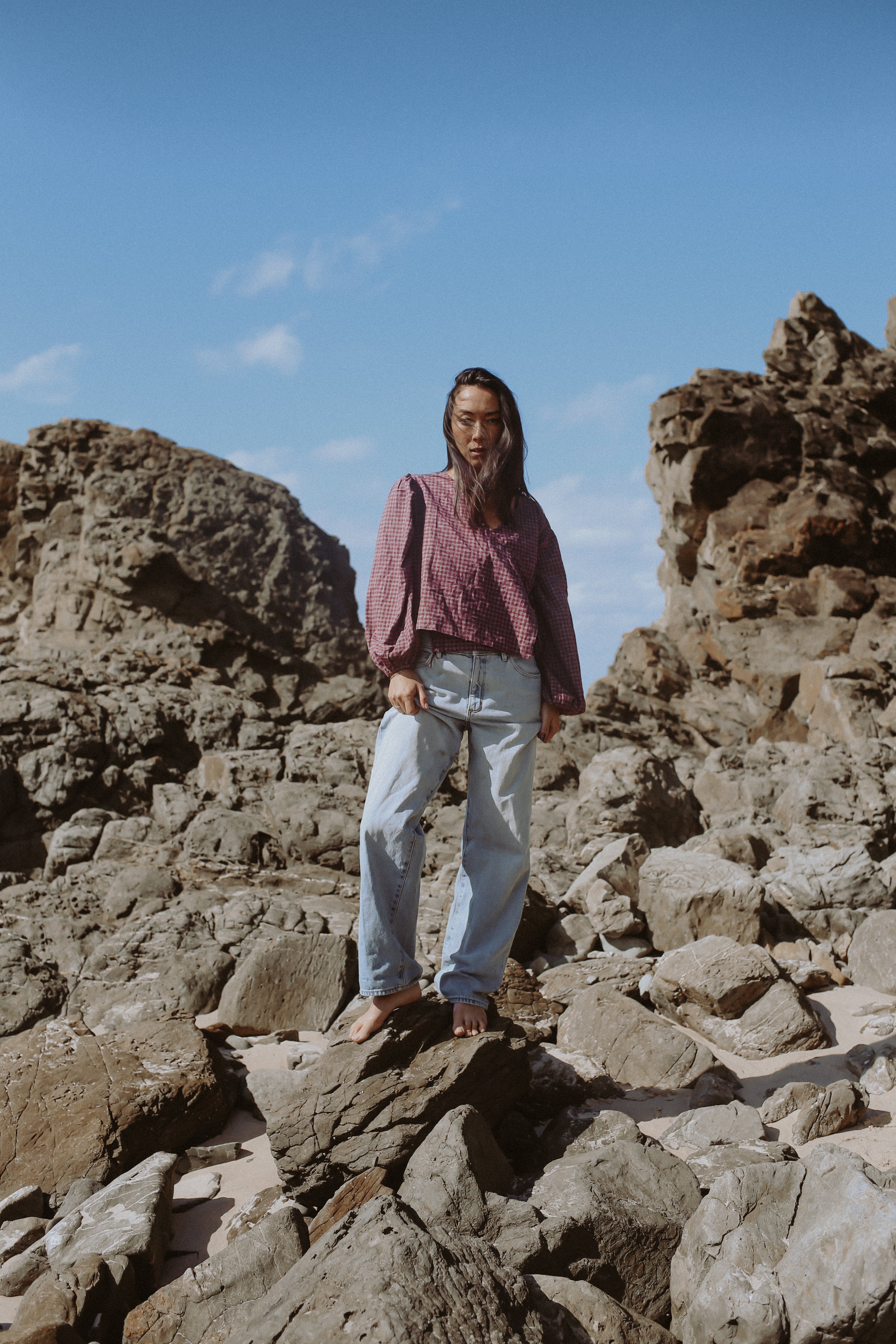 Ella Wrap Top Fig Hemp Check