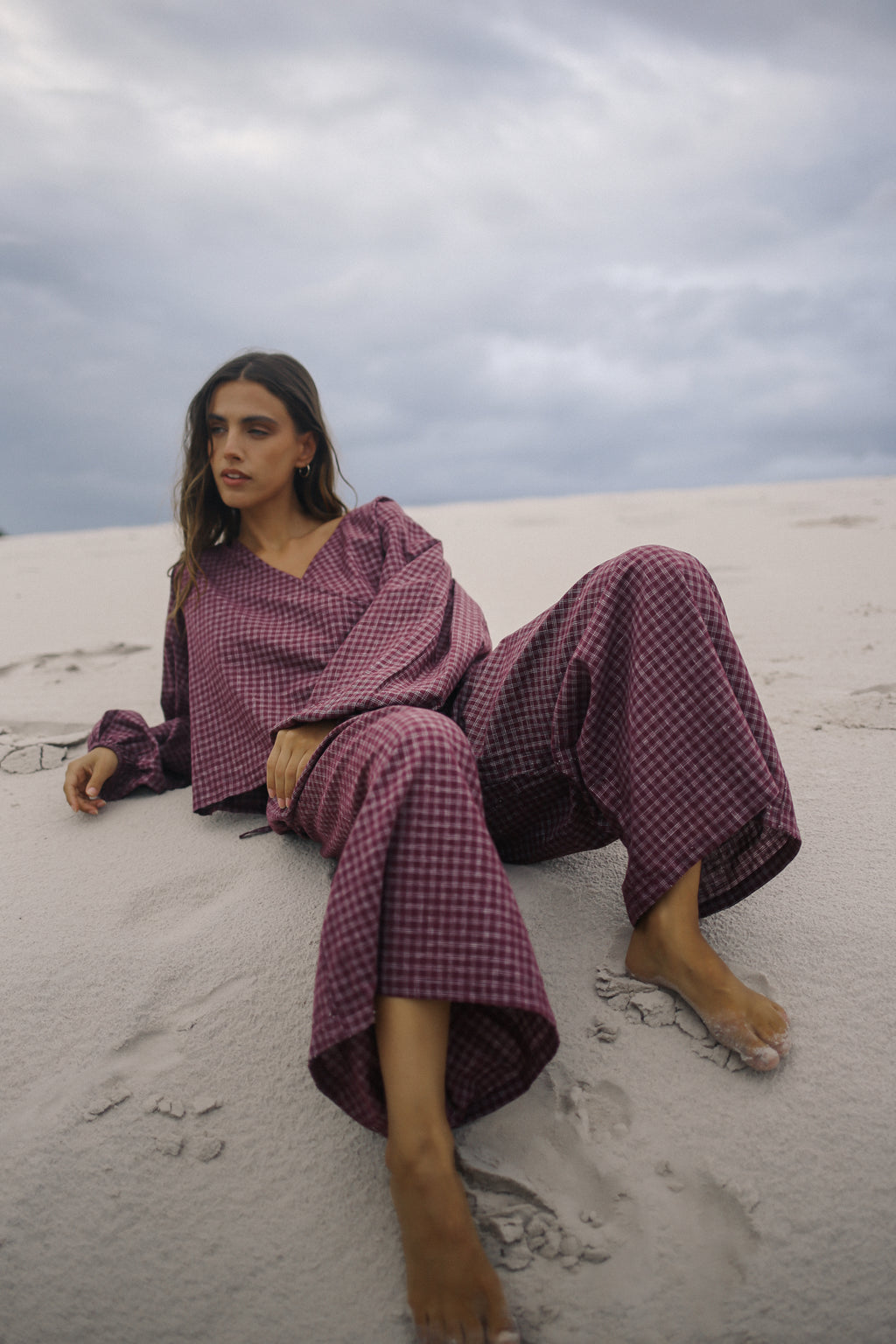 Ella Wrap Top Fig Hemp Check