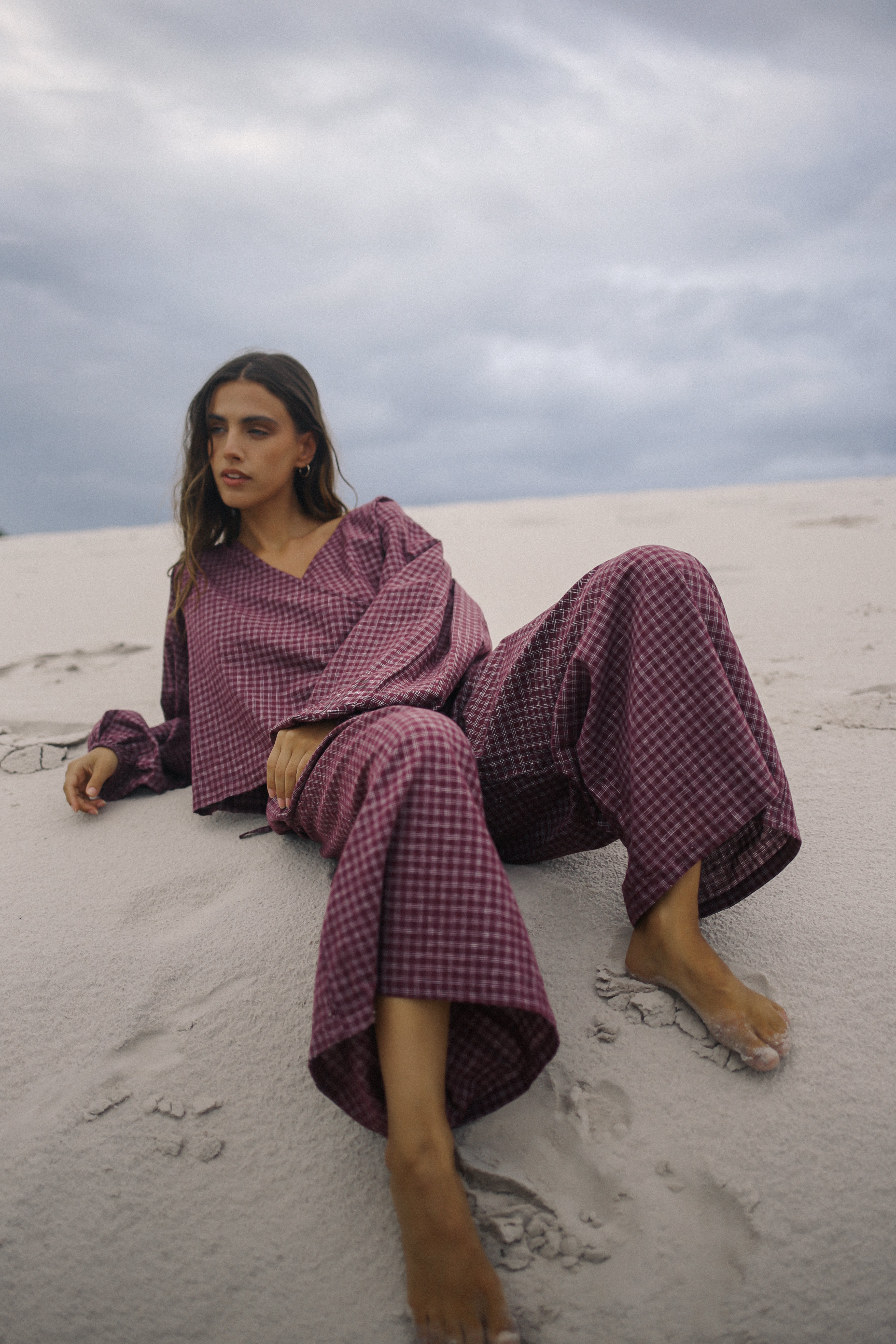 Ella Wrap Top Fig Hemp Check