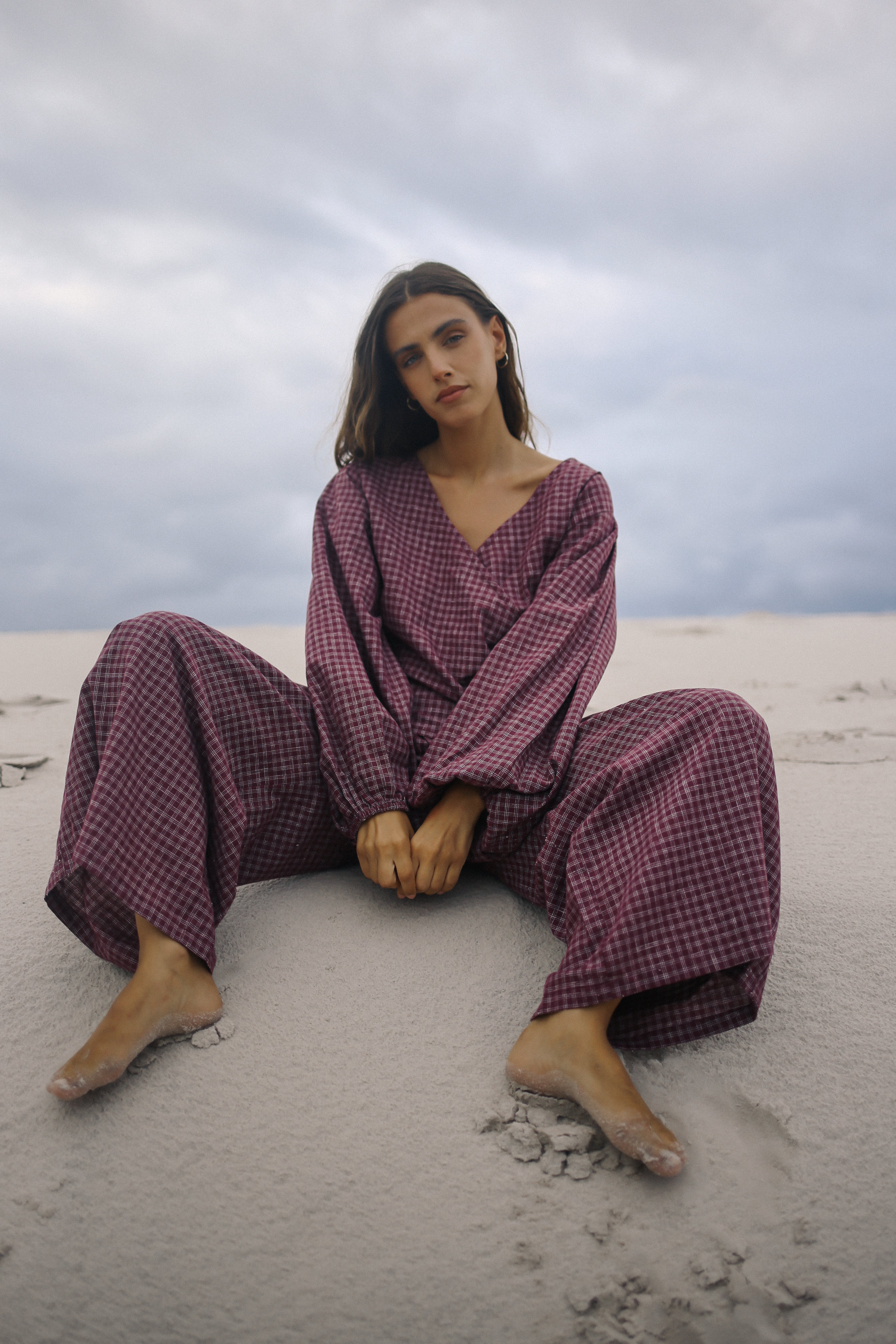 Ella Wrap Top Fig Hemp Check