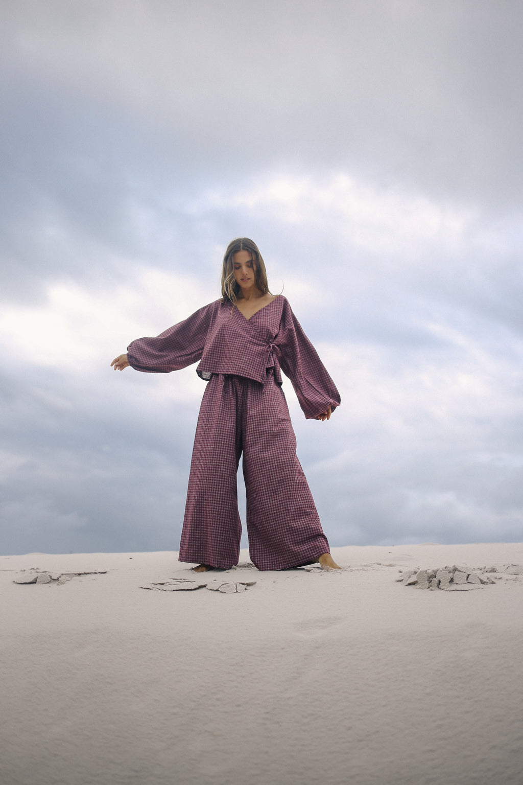 Ella Wrap Top Fig Hemp Check