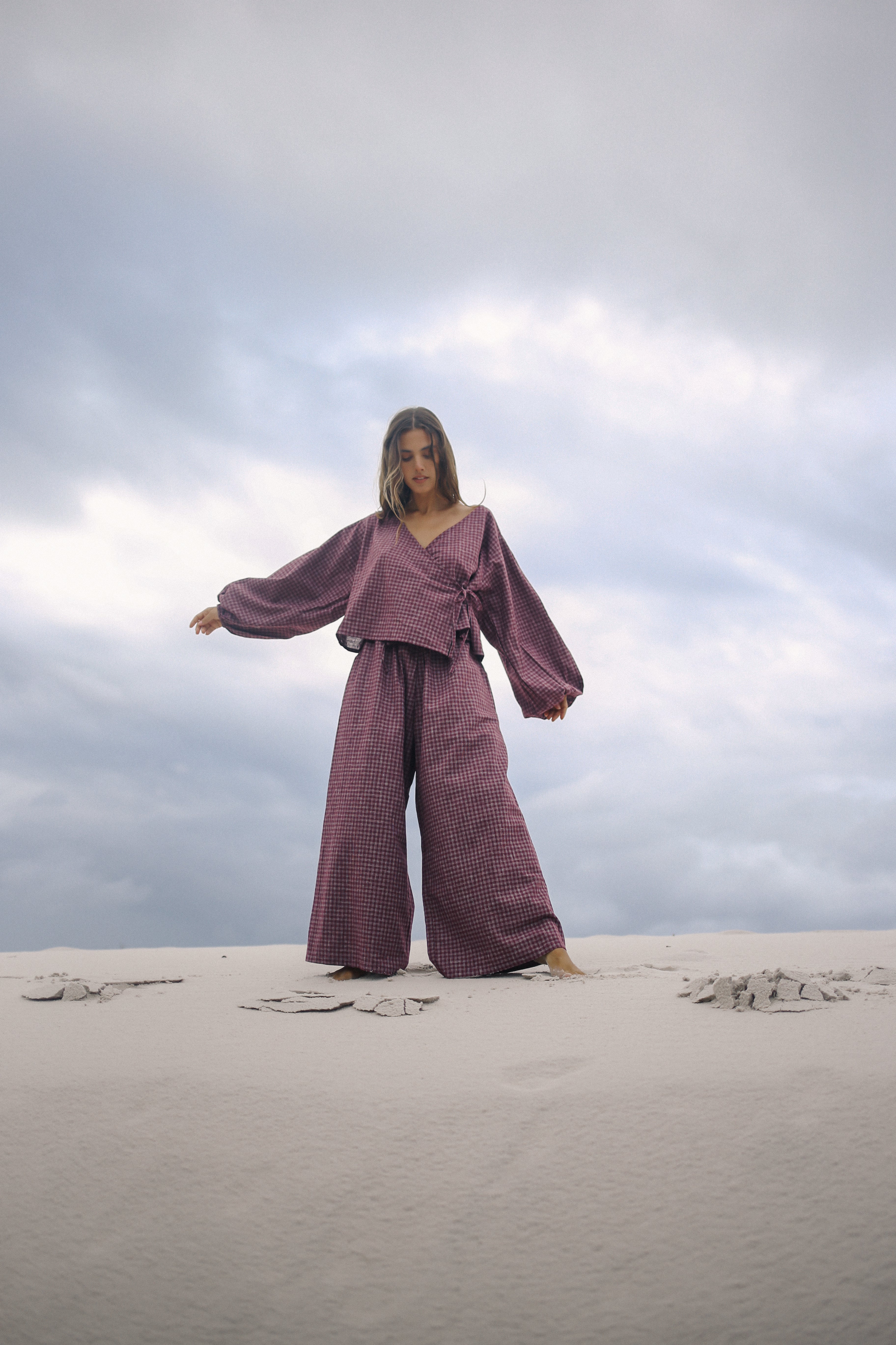 Ella Wrap Top Fig Hemp Check