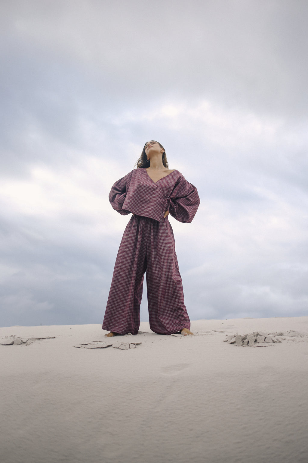 Ella Wrap Top Fig Hemp Check