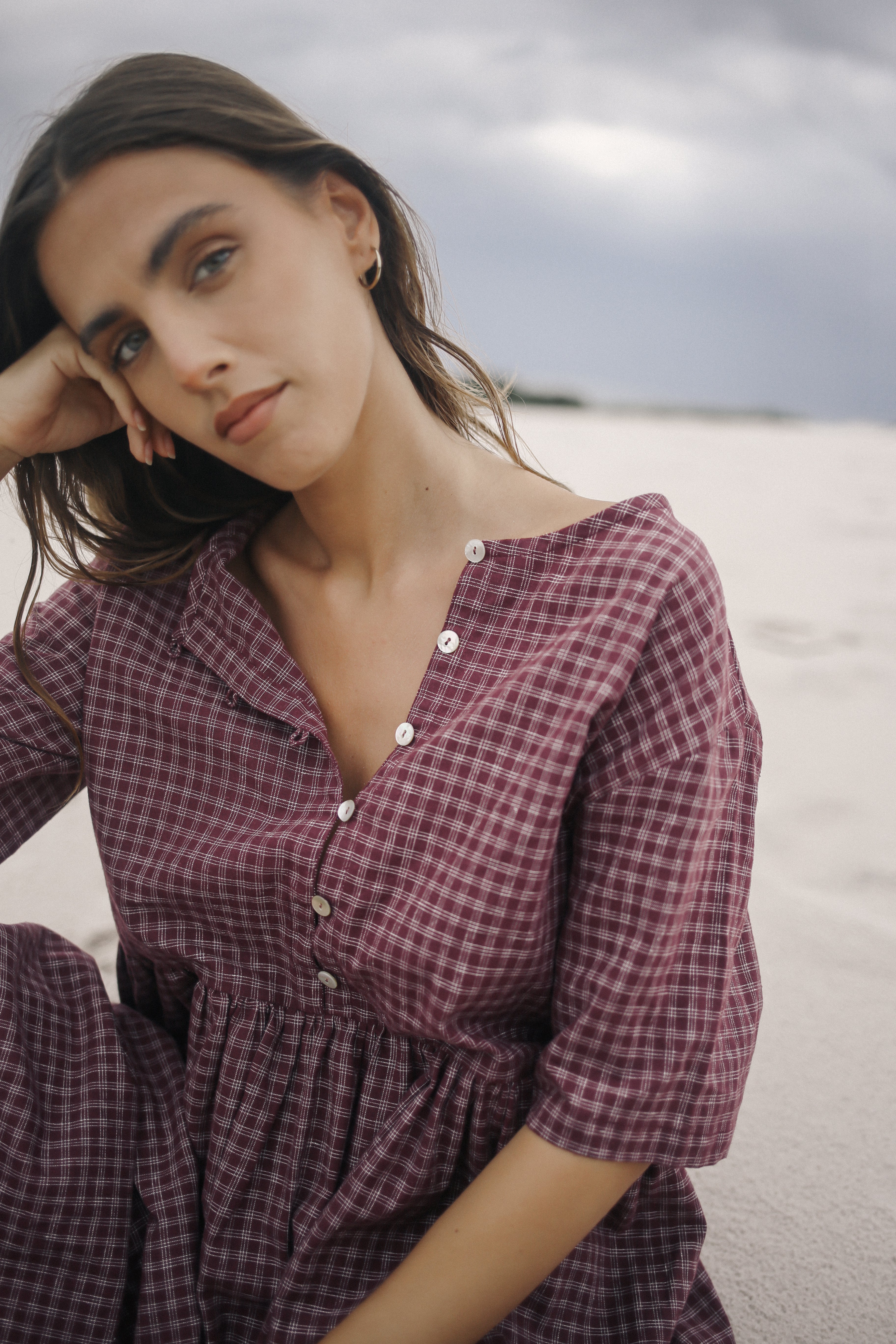 Darcey Midi Dress Fig Hemp Check