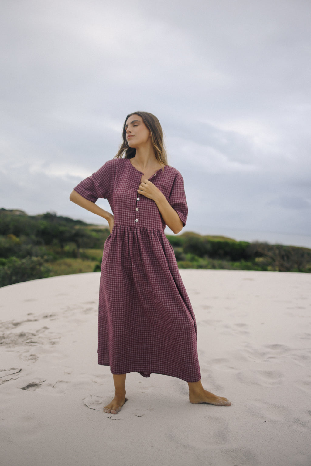 Darcey Midi Dress Fig Hemp Check