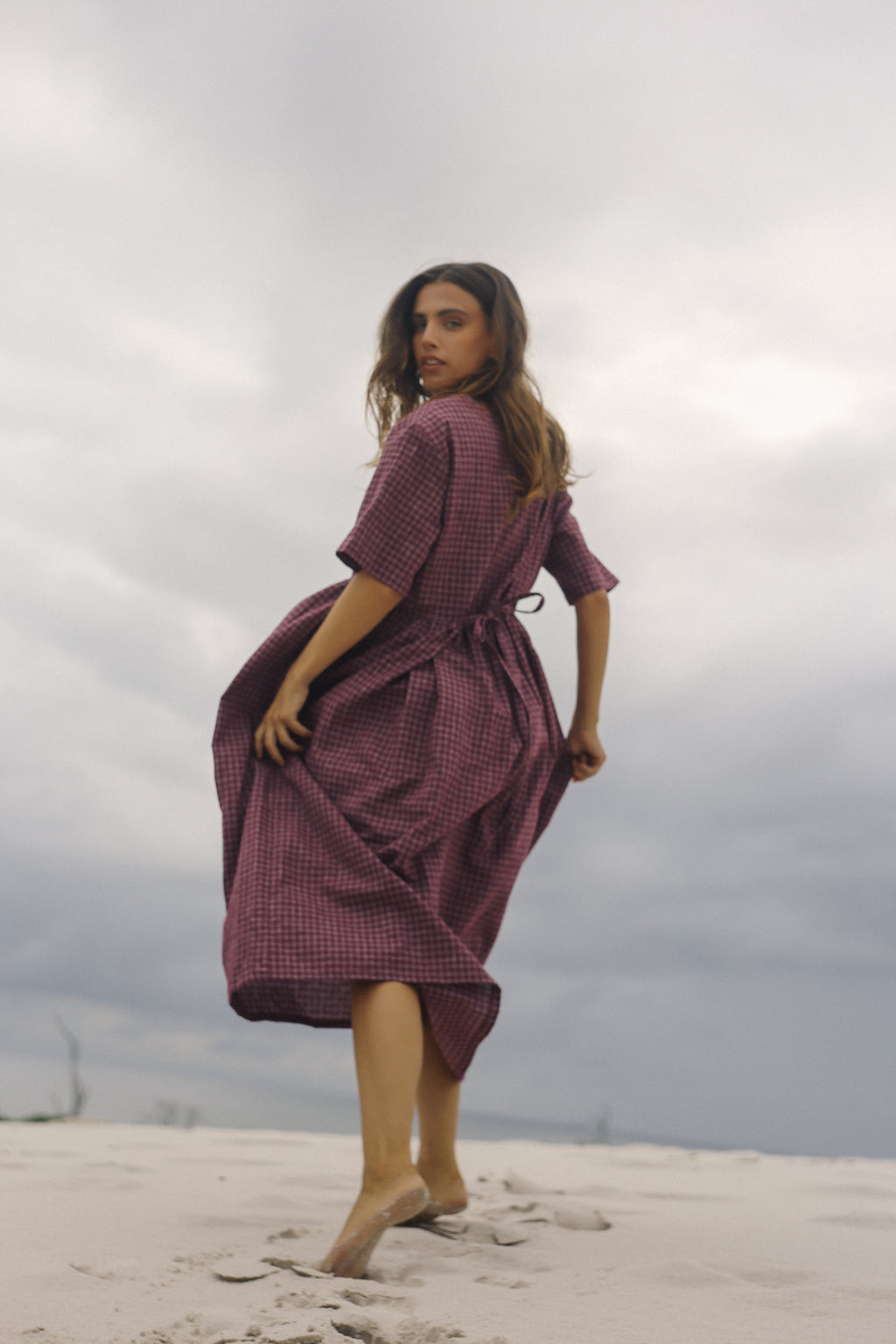 Darcey Midi Dress Fig Hemp Check
