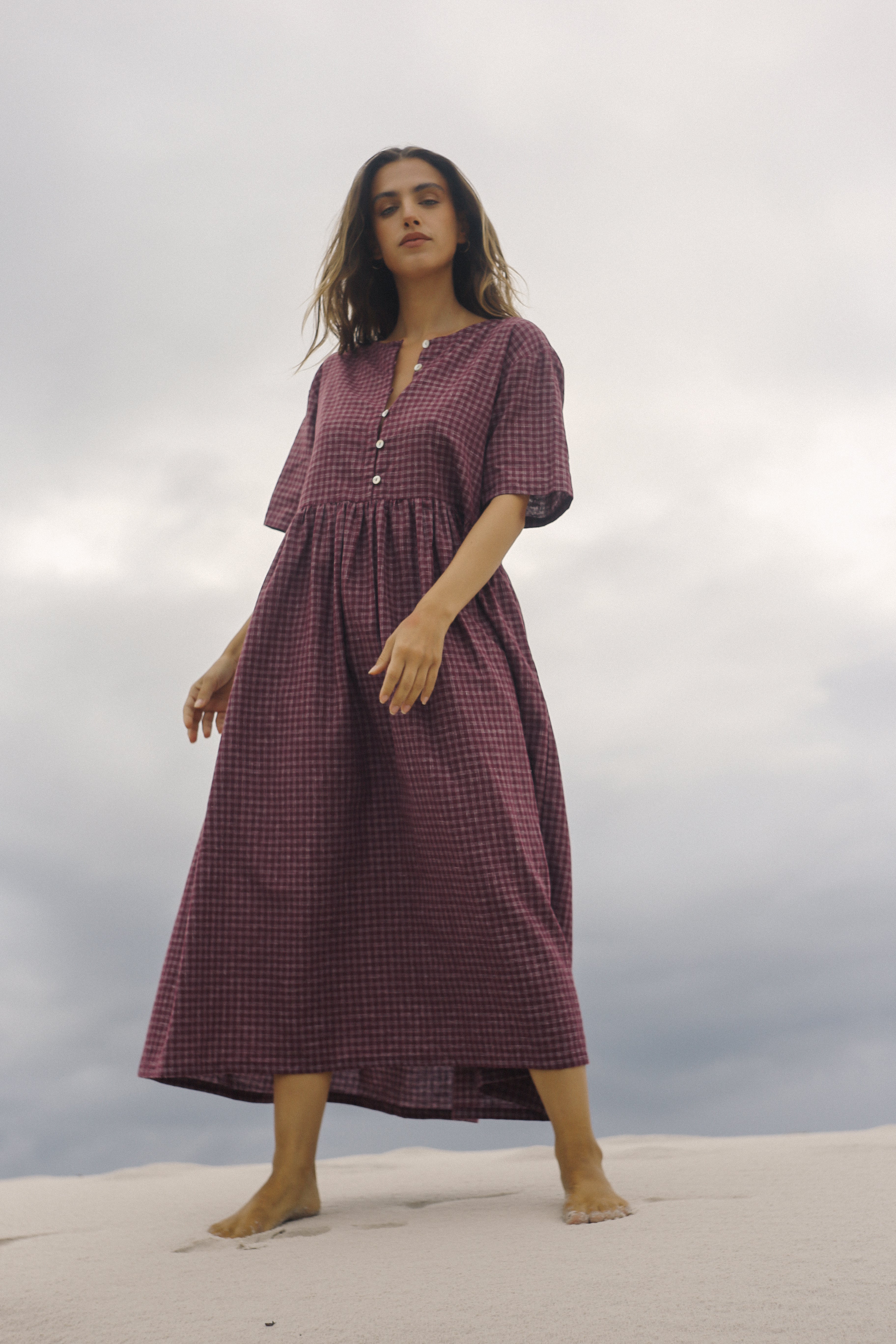 Darcey Midi Dress Fig Hemp Check