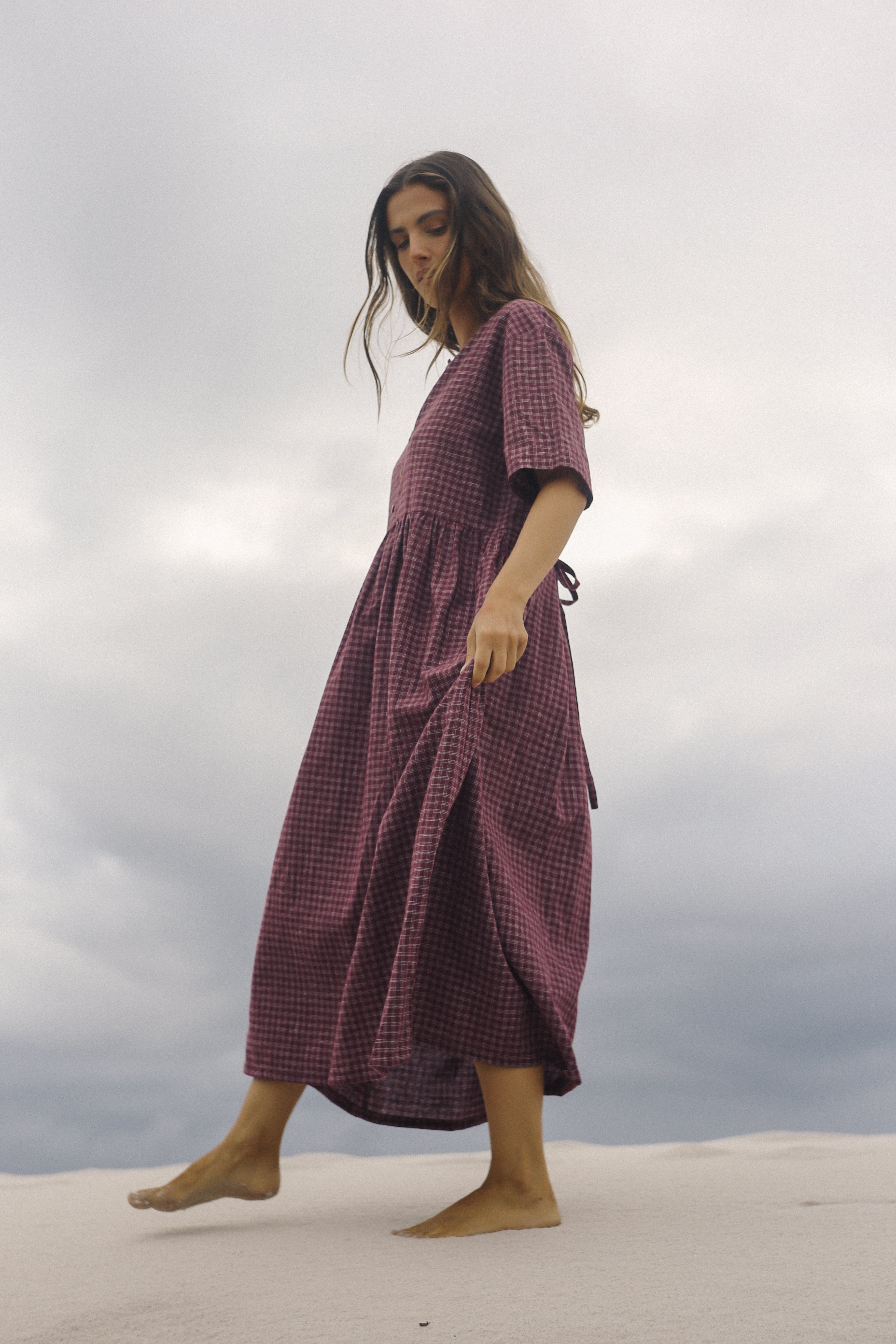 Darcey Midi Dress Fig Hemp Check