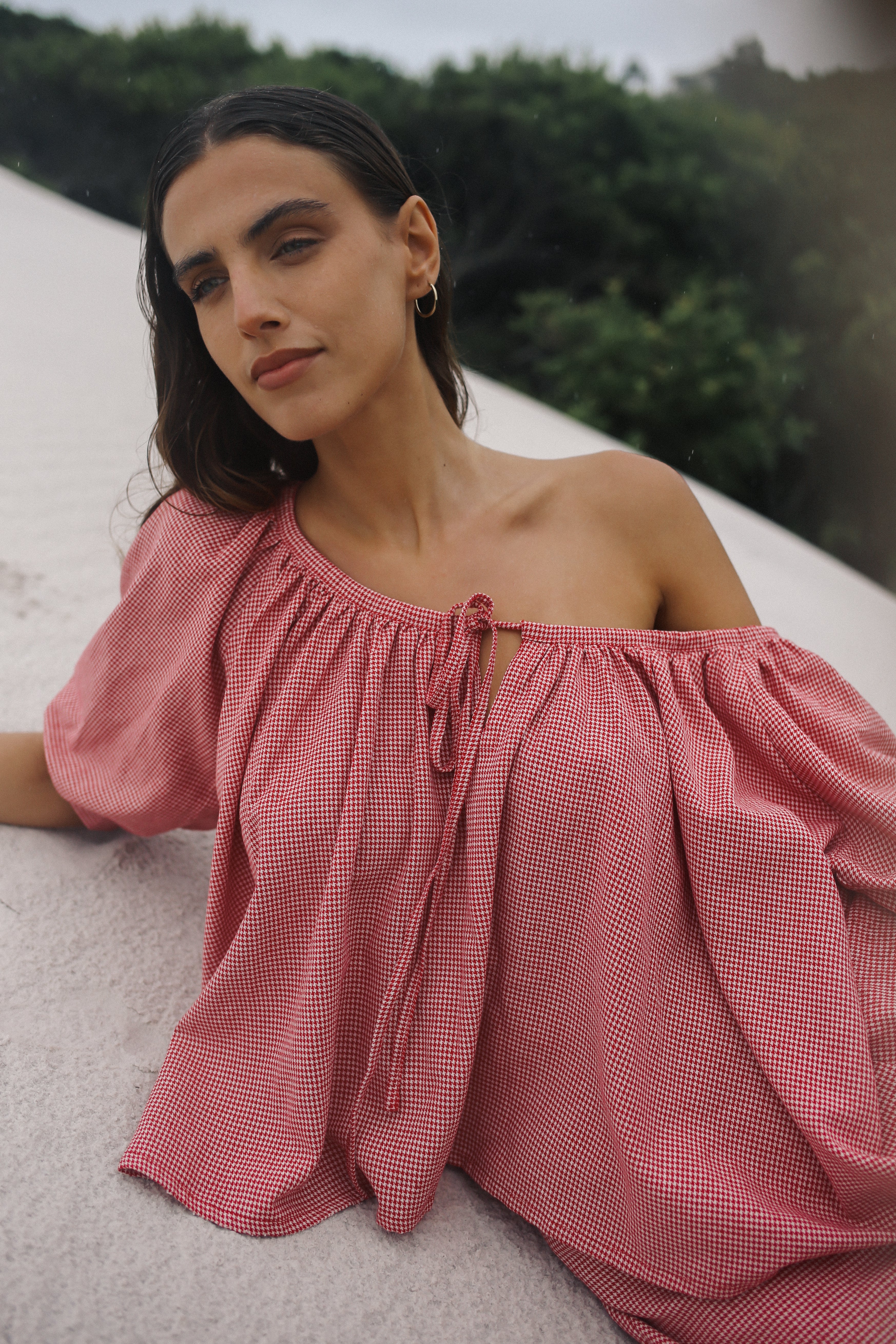 Chloe Blouse Red Houndstooth