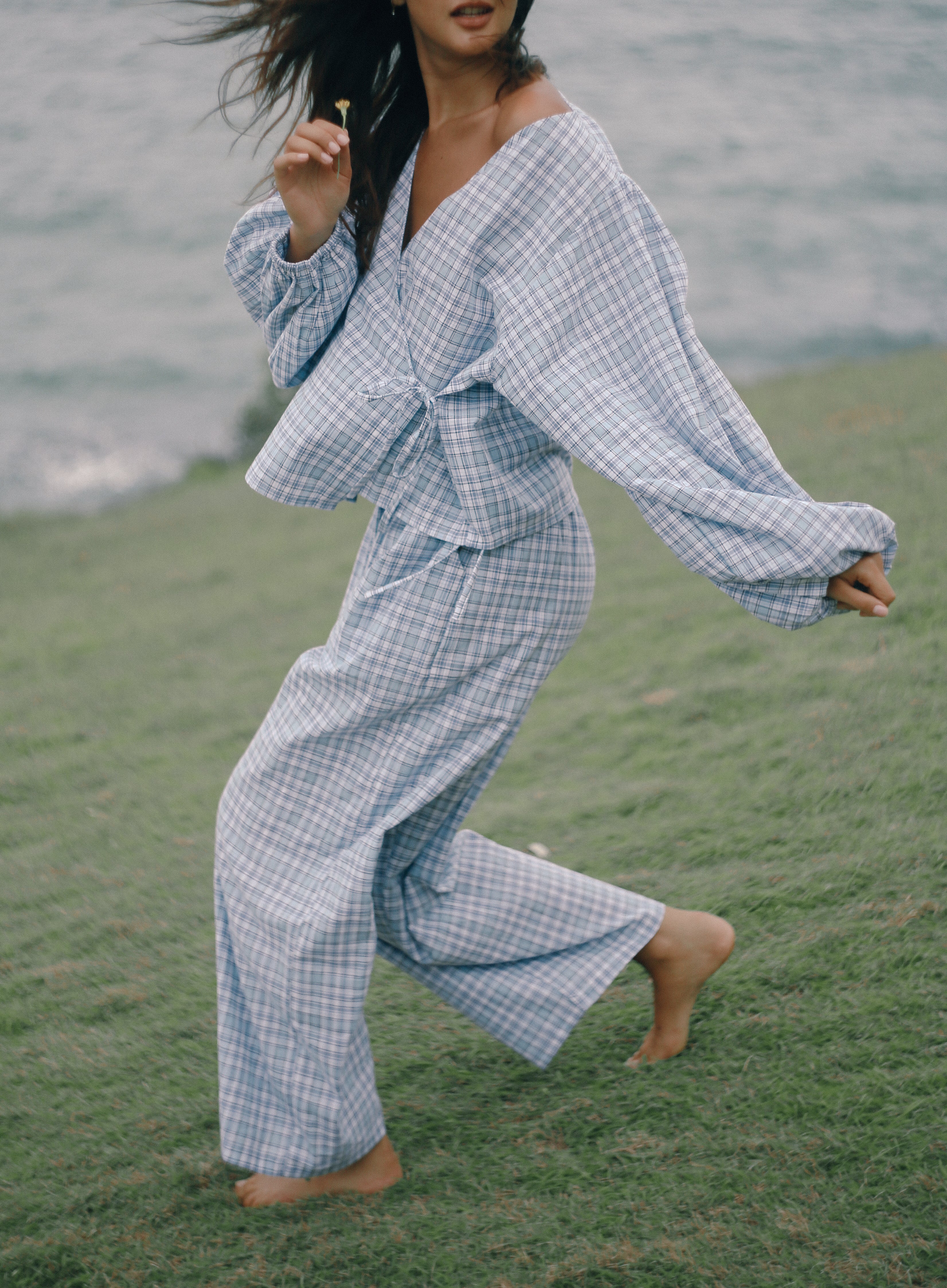 Chloe Tie Pant Cloud Plaid