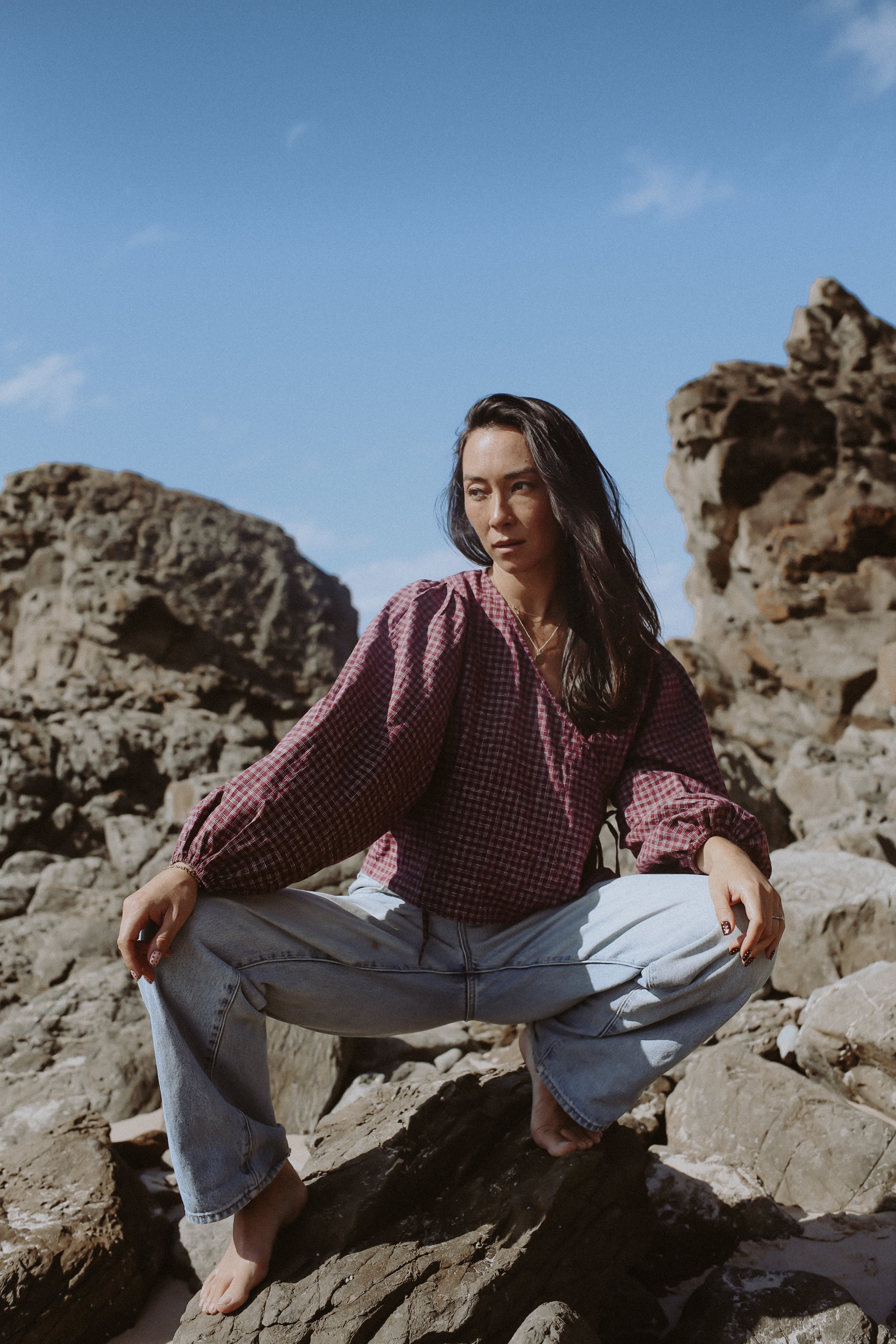 Ella Wrap Top Fig Hemp Check