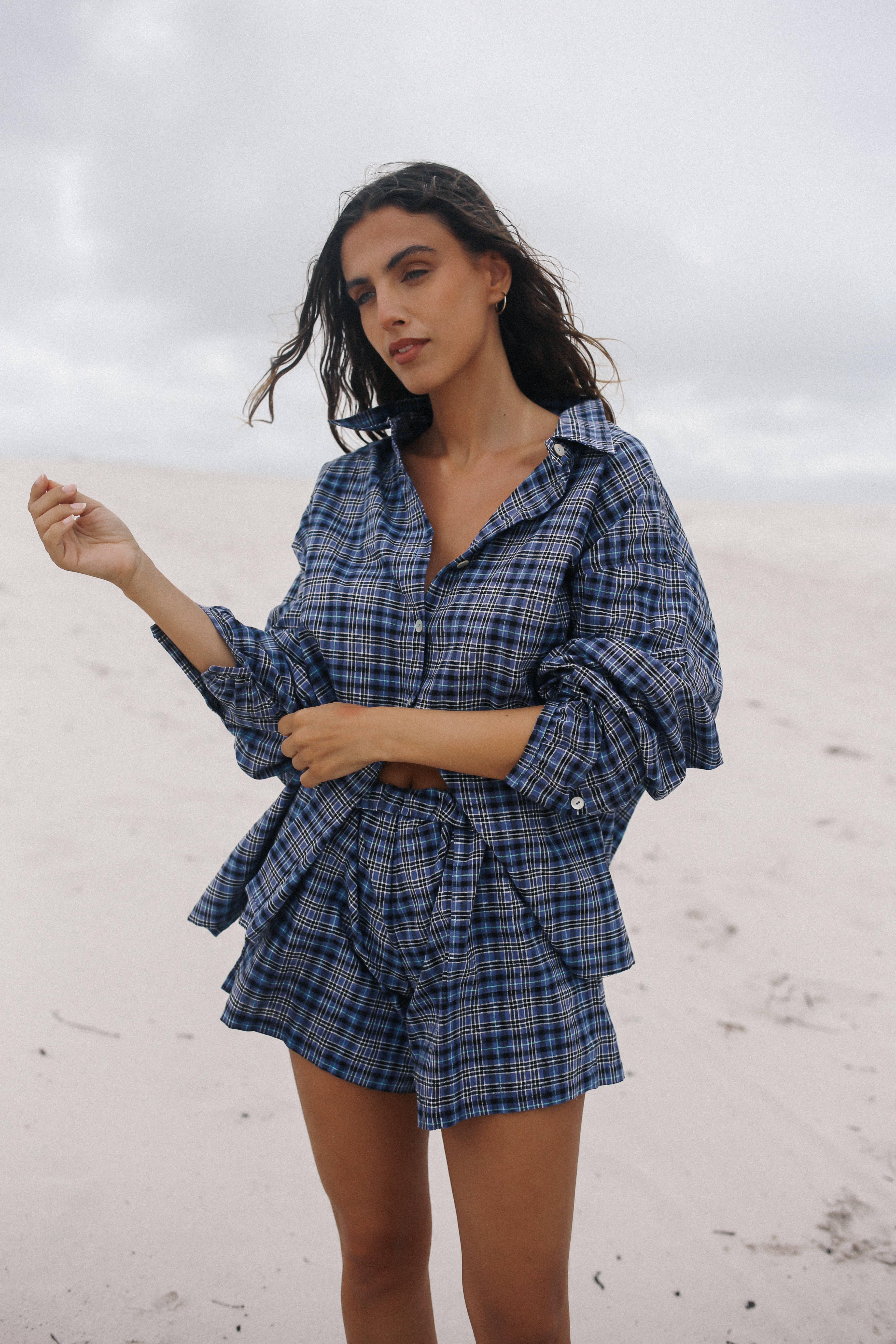 Ava gingham check tops navy ネイビー Ava Short Navy Plaid – The Bare Road