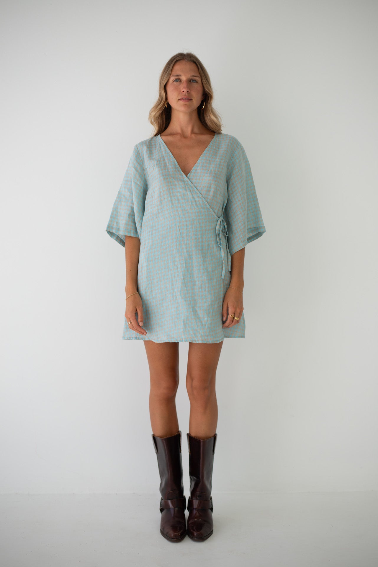 Mia Wrap Mini Dress Blue Beige Gingham (PRE-ORDER)