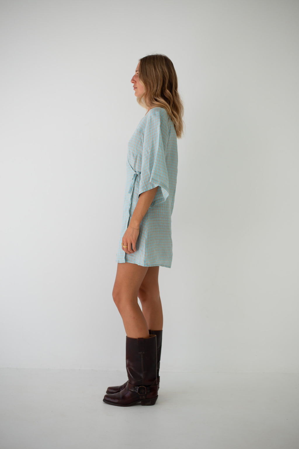 Mia Wrap Mini Dress Blue Beige Gingham (PRE-ORDER)