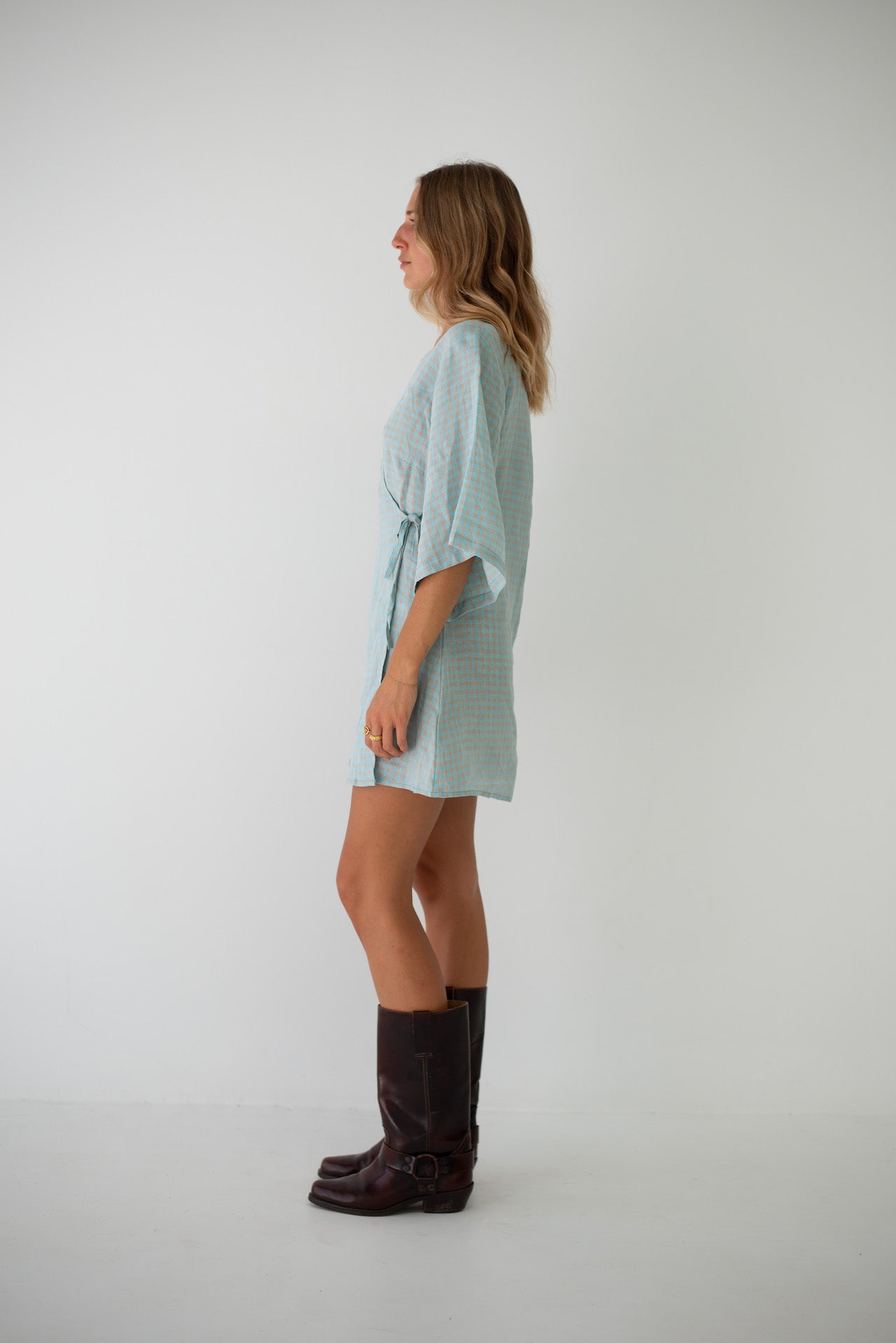 Mia Wrap Mini Dress Blue Beige Gingham (PRE-ORDER)