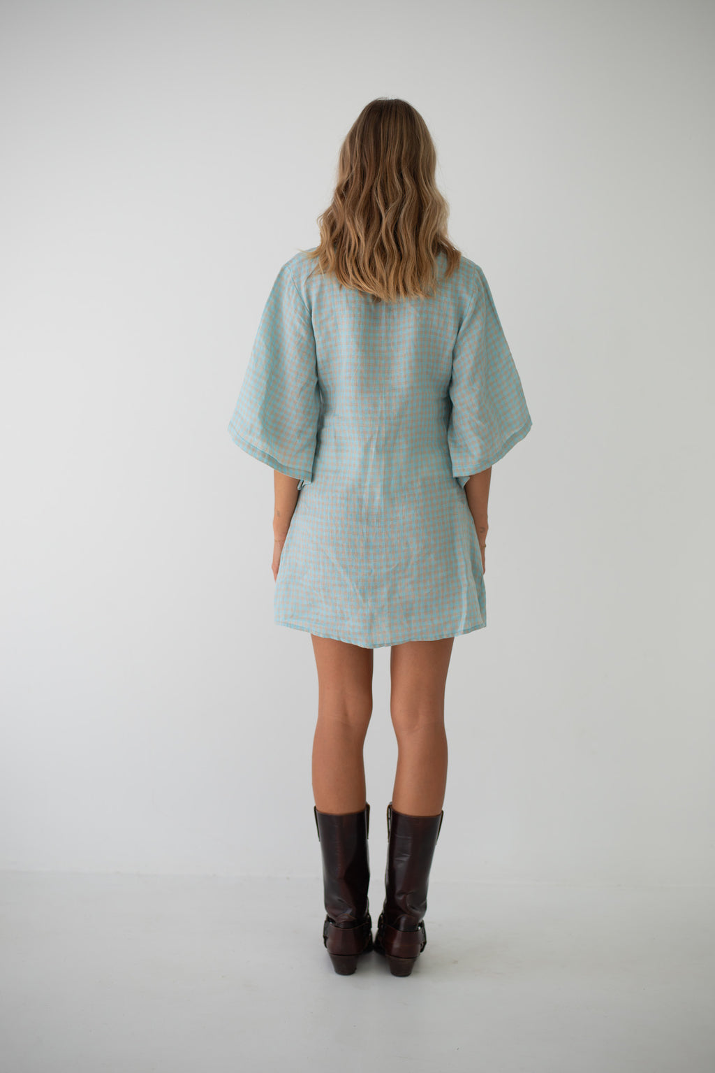 Mia Wrap Mini Dress Blue Beige Gingham (PRE-ORDER)