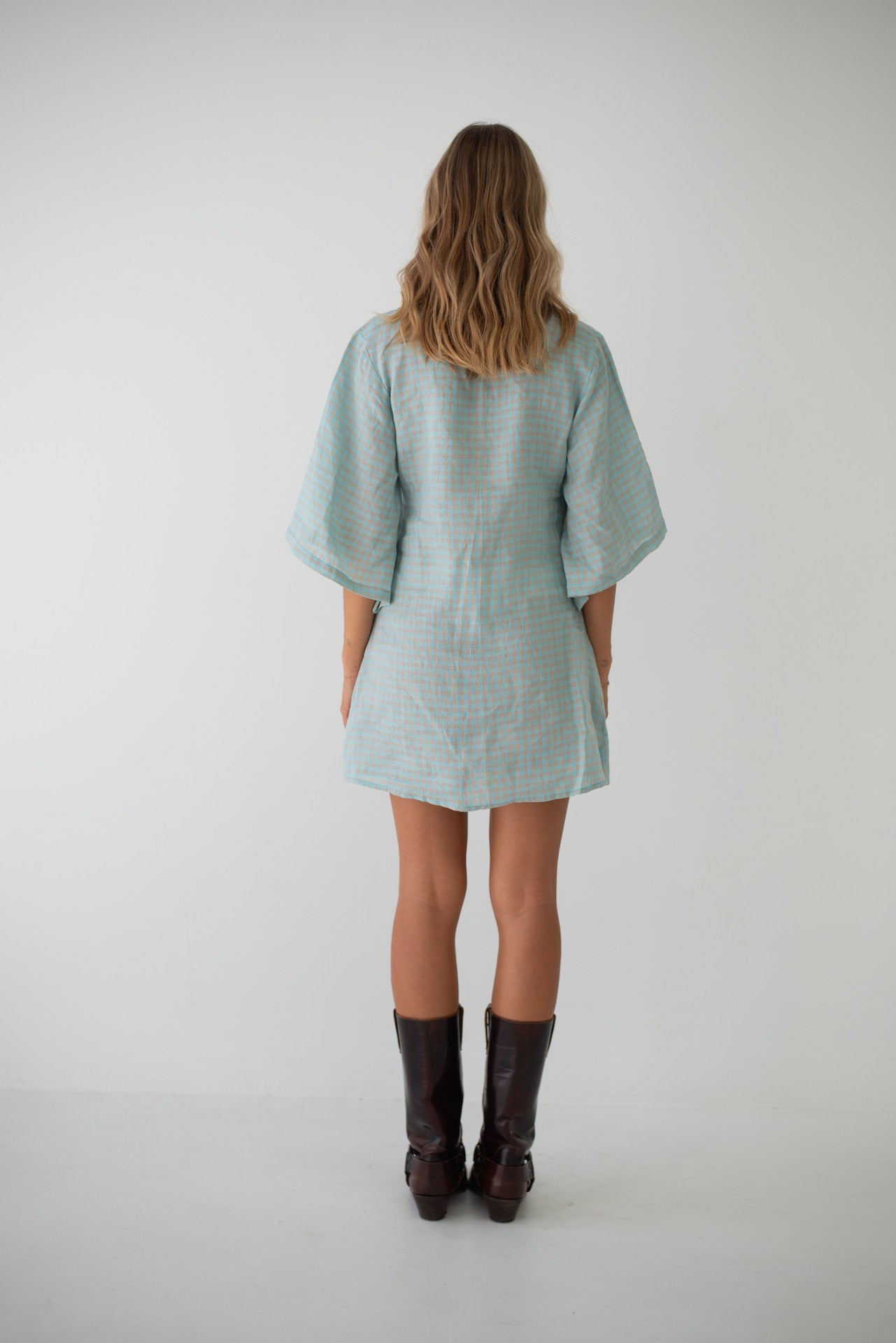 Mia Wrap Mini Dress Blue Beige Gingham (PRE-ORDER)