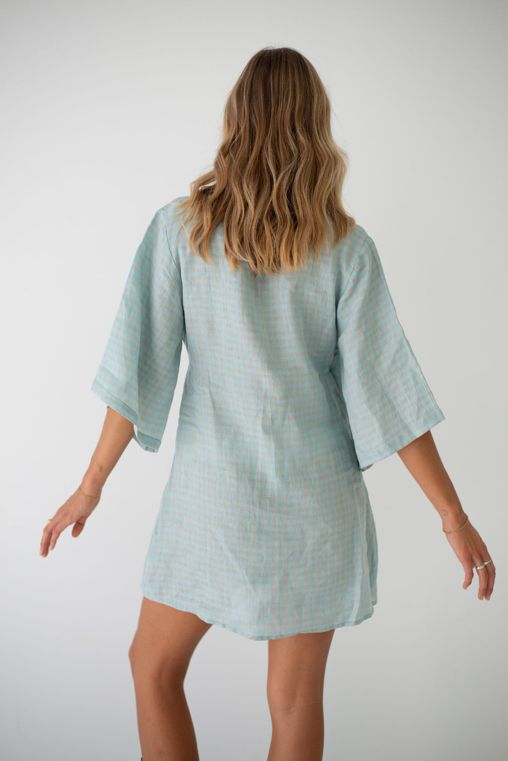 Mia Wrap Mini Dress Blue Beige Gingham (PRE-ORDER)