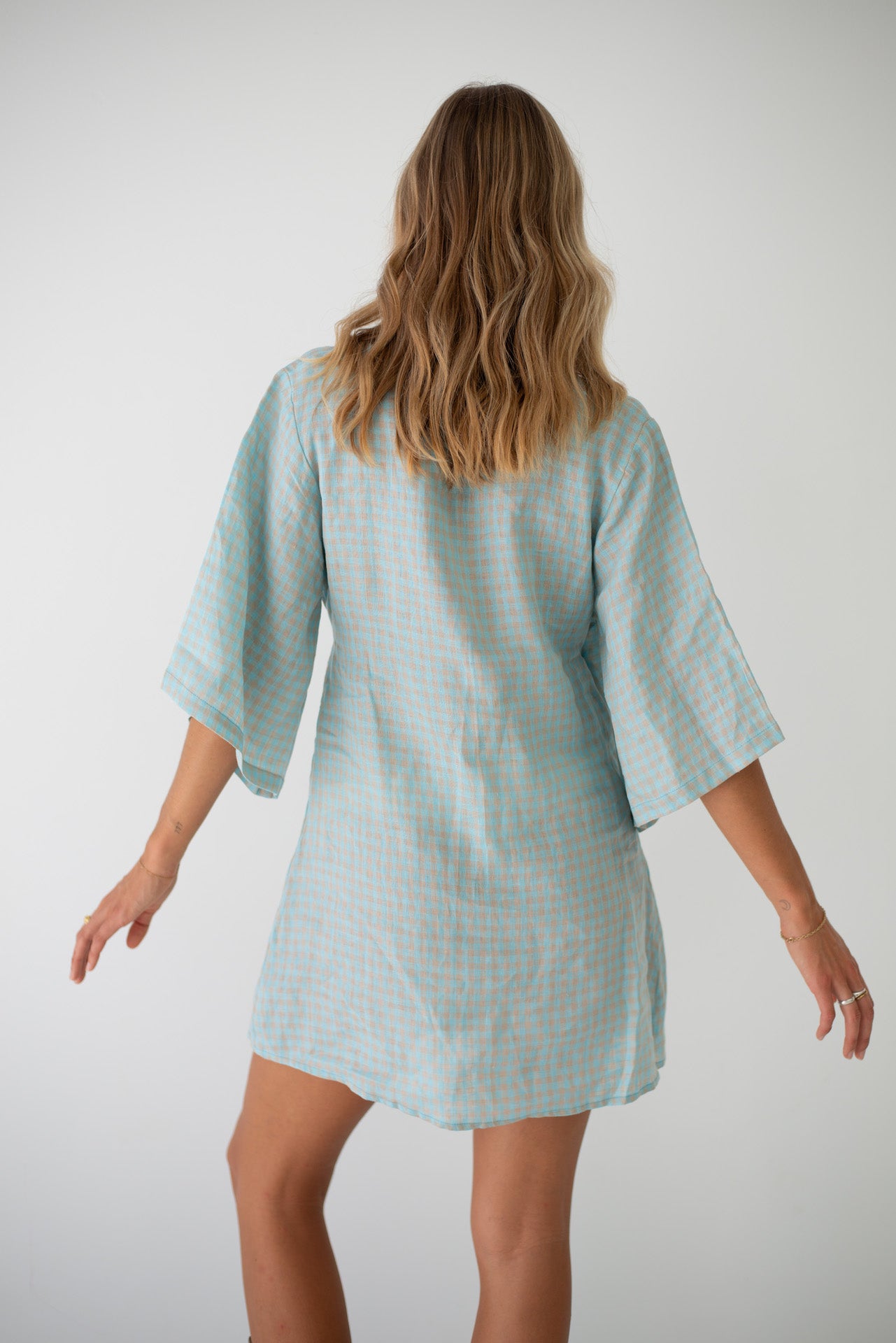 Mia Wrap Mini Dress Blue Beige Gingham (PRE-ORDER)