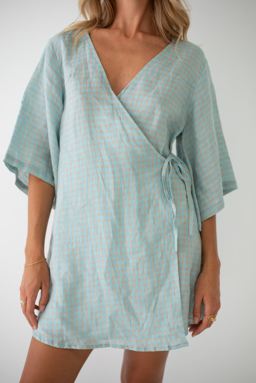 Mia Wrap Mini Dress Blue Beige Gingham (PRE-ORDER)