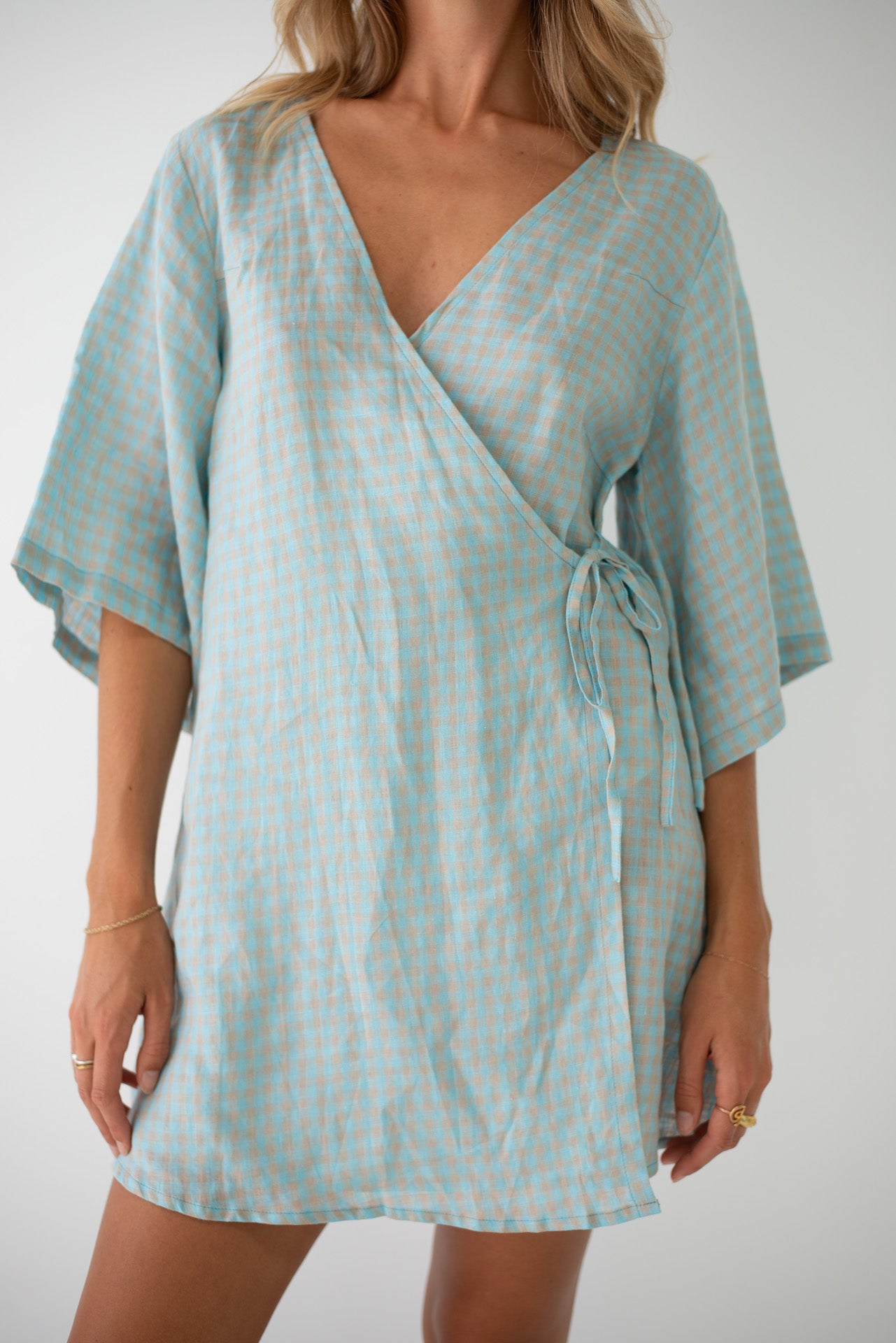 Mia Wrap Mini Dress Blue Beige Gingham (PRE-ORDER)