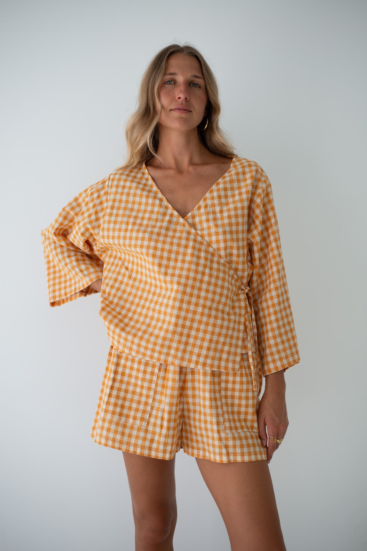 Mia Wrap Top Clementine Gingham – The Bare Road