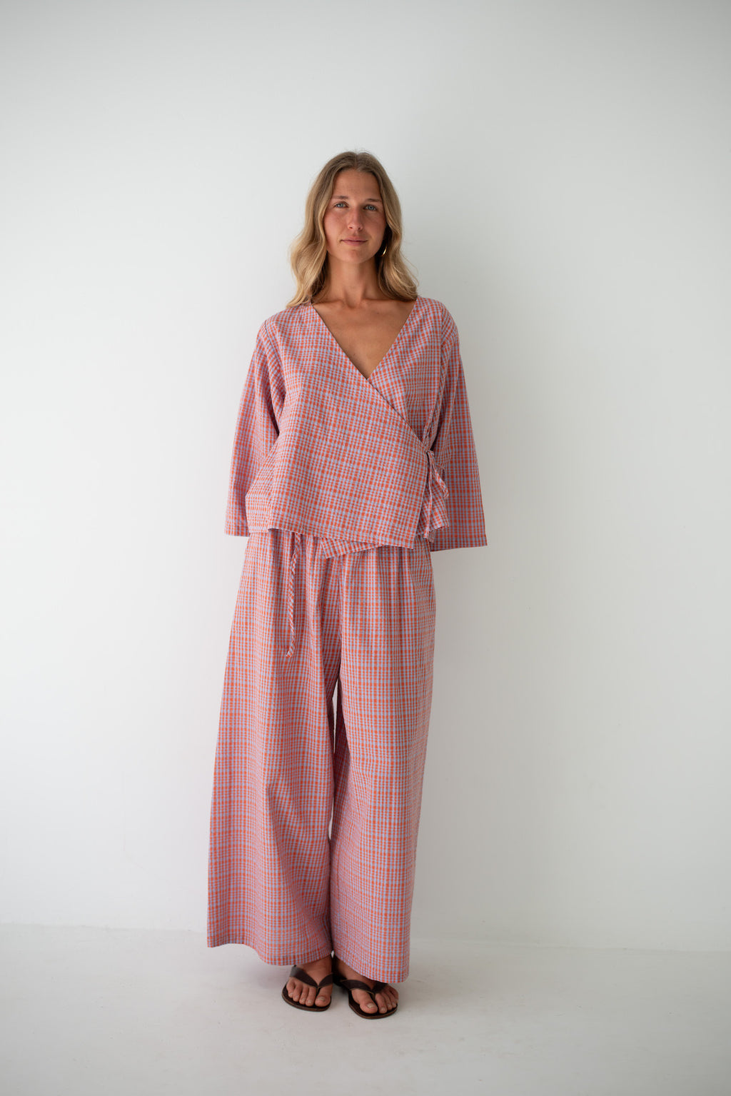 Mia Wrap Top Lilac Orange Seersucker