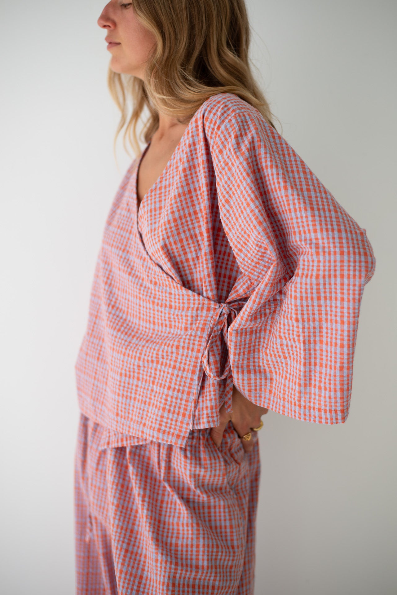 Mia Wrap Top Lilac Orange Seersucker