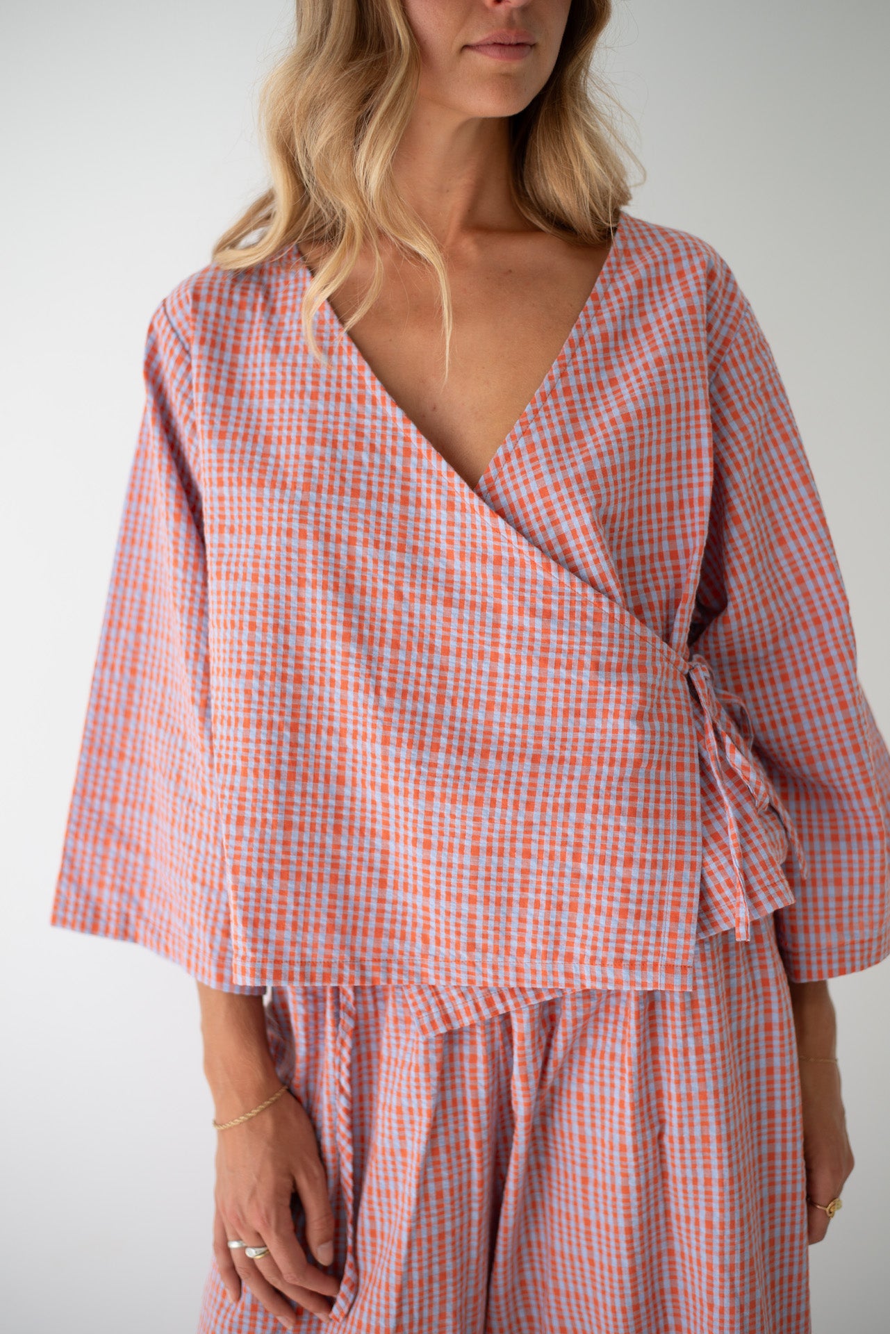 Mia Wrap Top Lilac Orange Seersucker