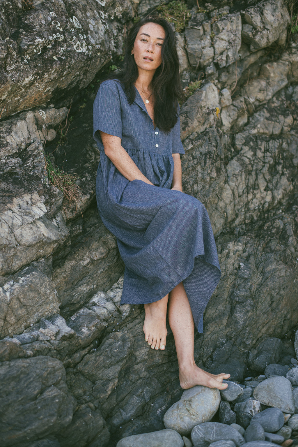 Darcey Midi Dress Navy Pinstripe