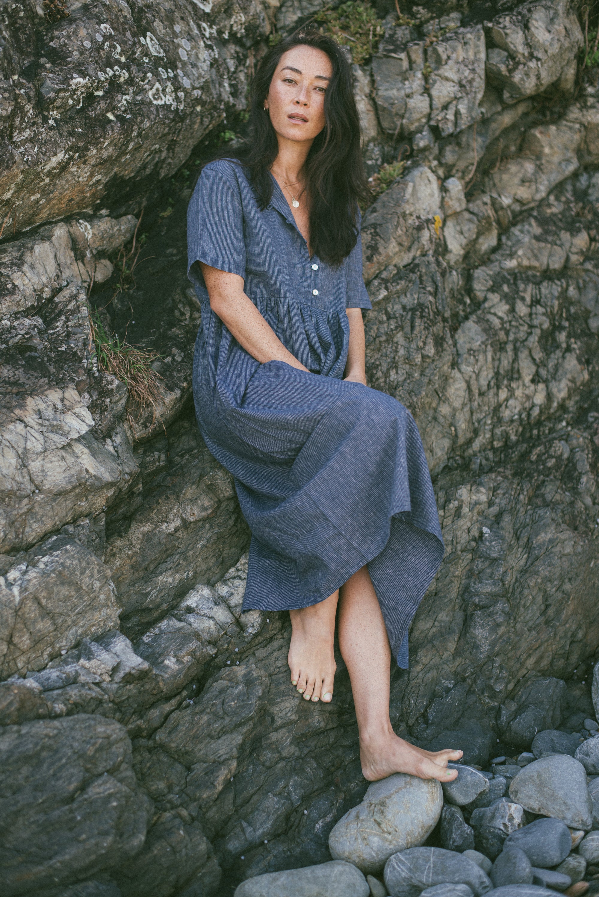 Darcey Midi Dress Navy Pinstripe