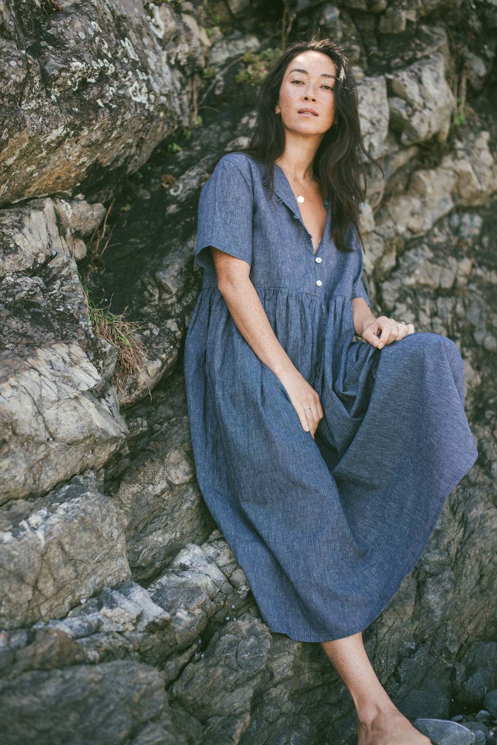 Darcey Midi Dress Navy Pinstripe
