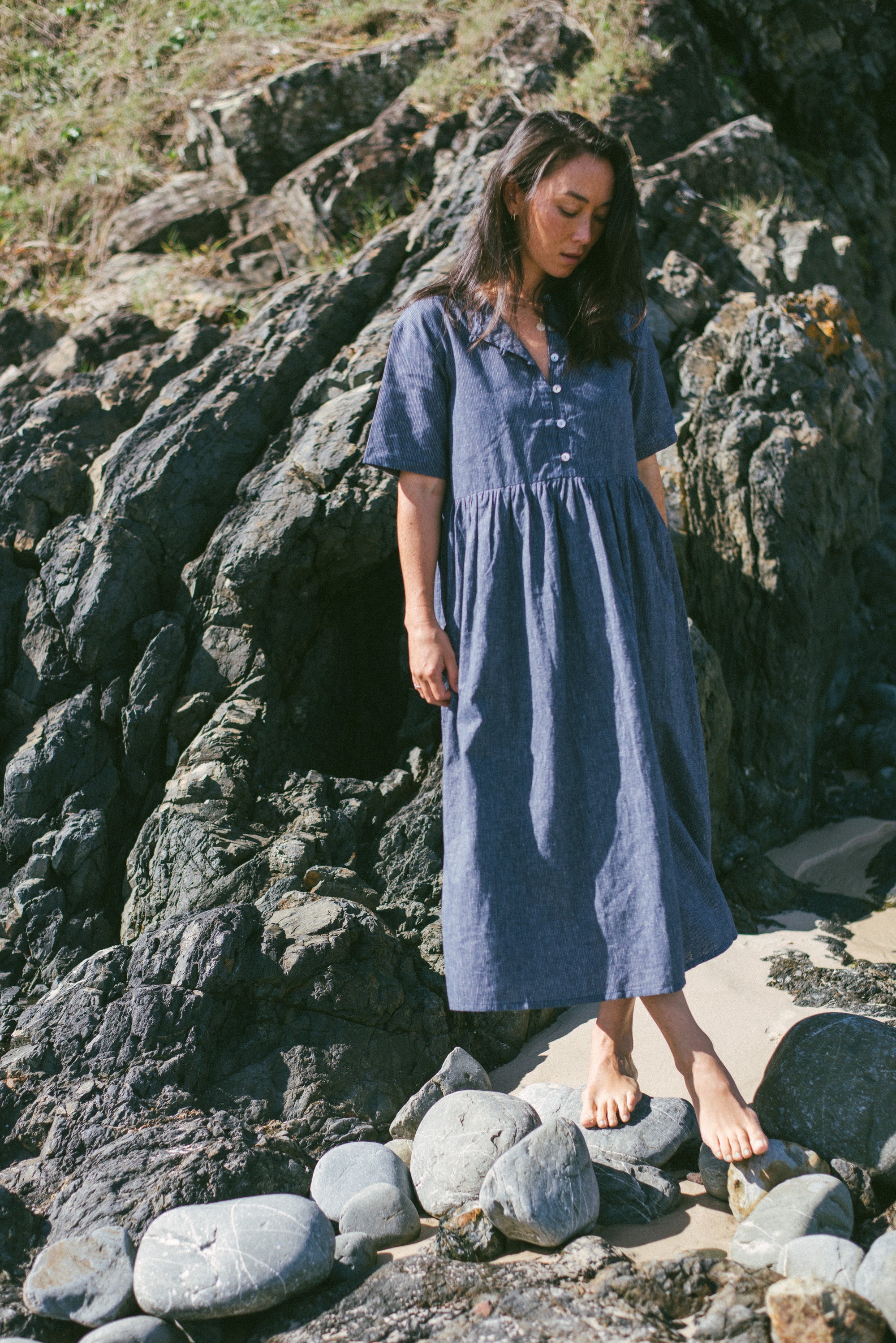 Darcey Midi Dress Navy Pinstripe
