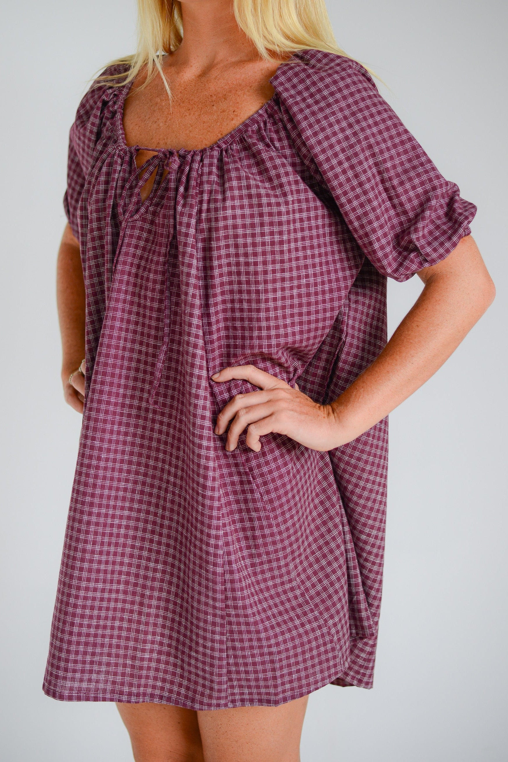 Chloe Dress Fig Hemp Check