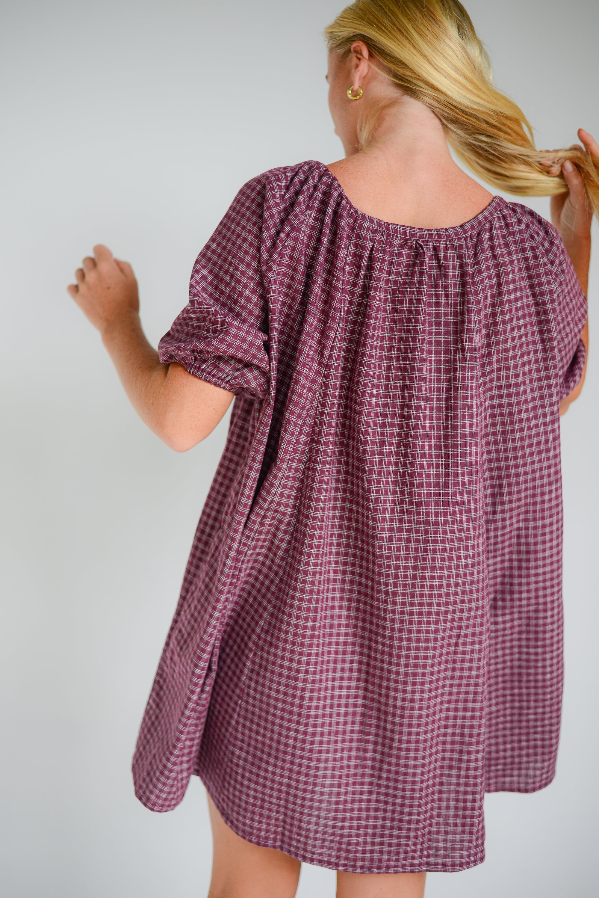Chloe Dress Fig Hemp Check