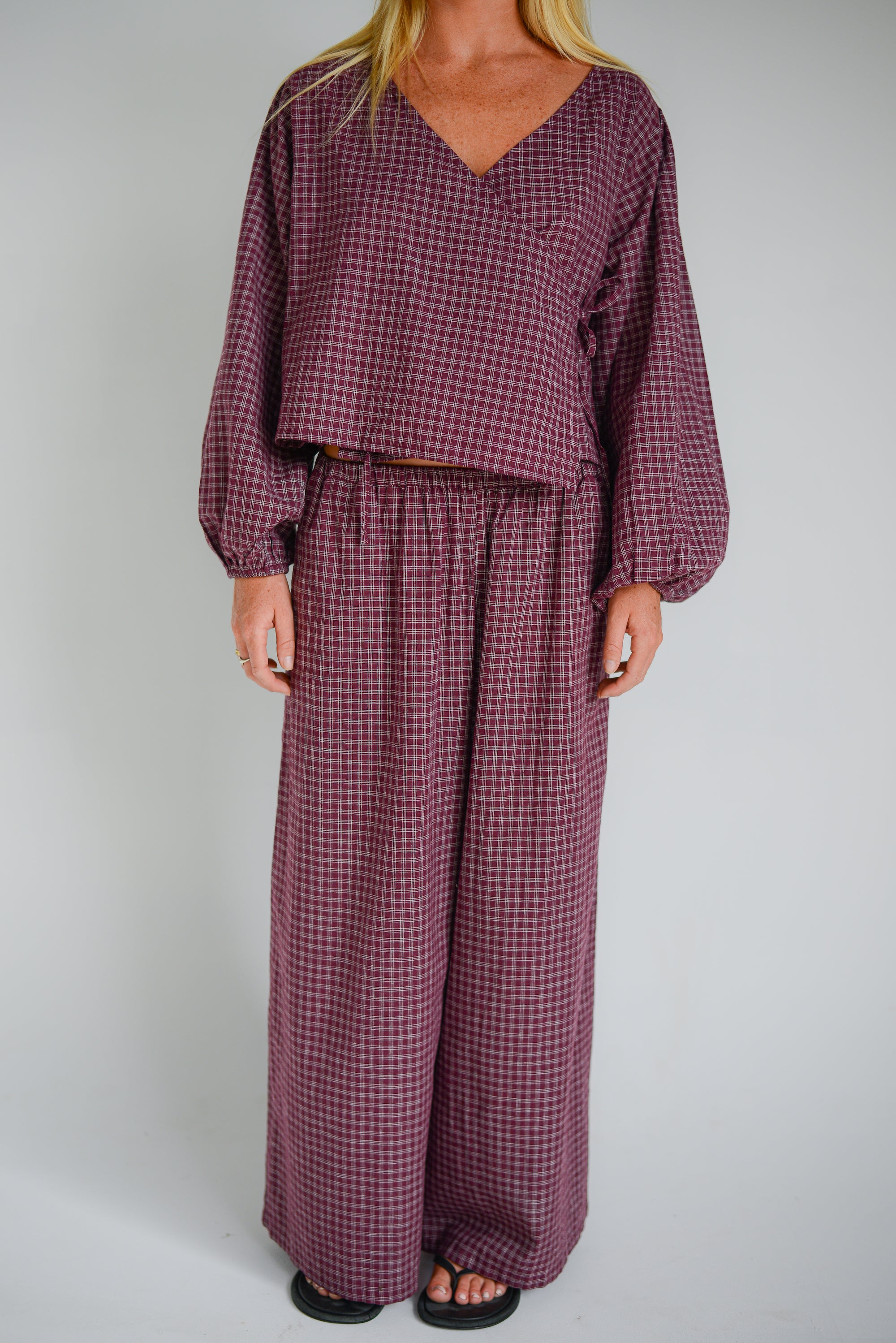 Ella Wrap Top Fig Hemp Check