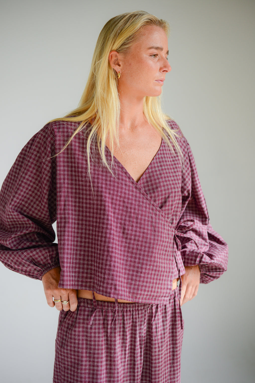 Ella Wrap Top Fig Hemp Check