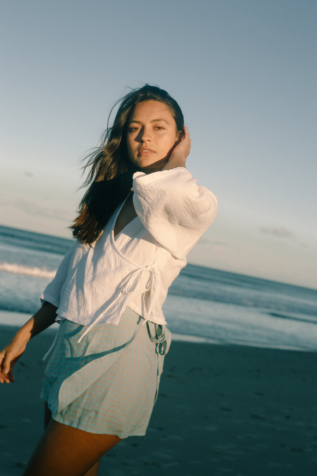 Charlie Wrap Skirt Blue Beige Gingham (PRE-ORDER)