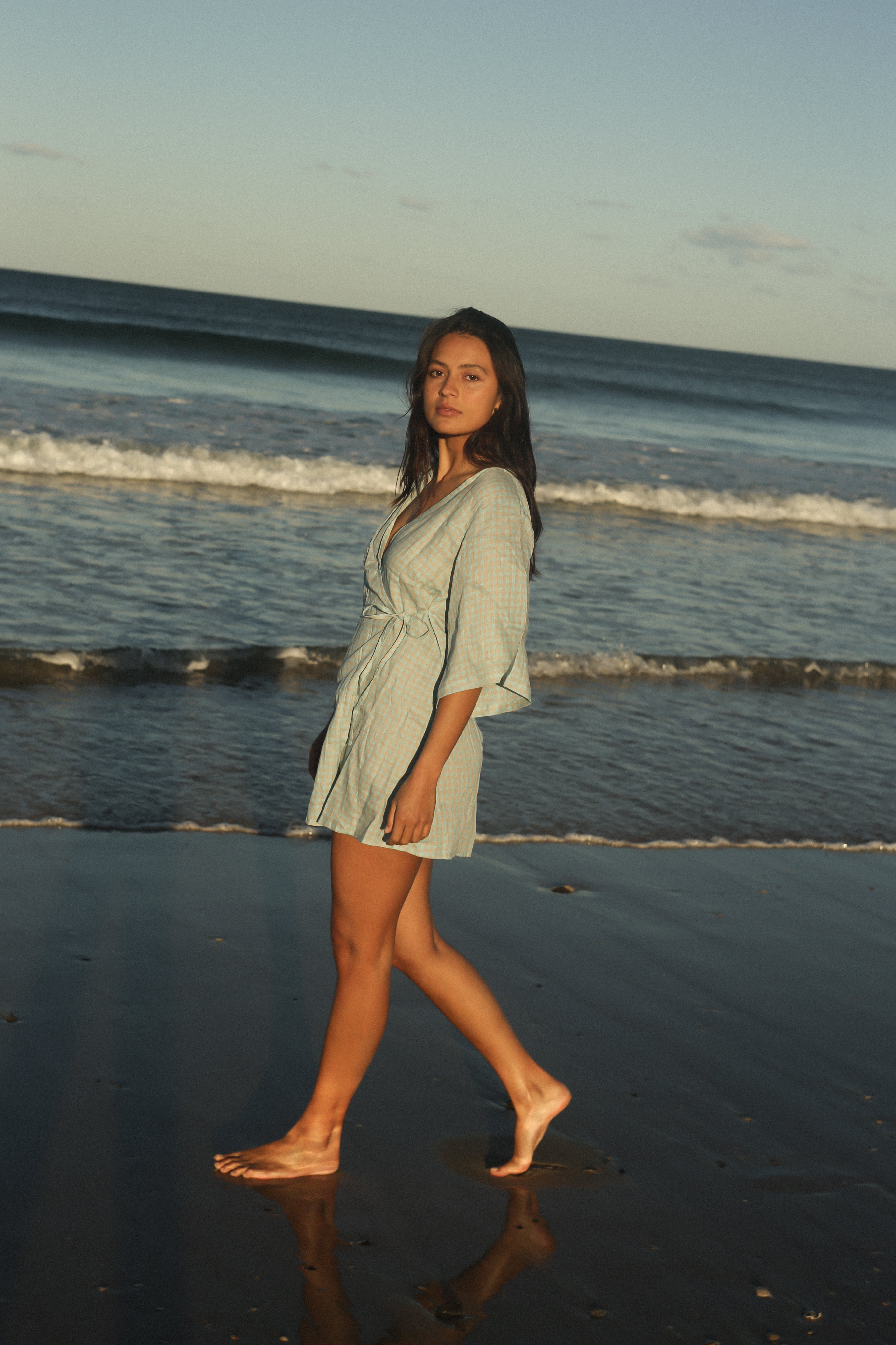 Mia Wrap Mini Dress Blue Beige Gingham (PRE-ORDER)