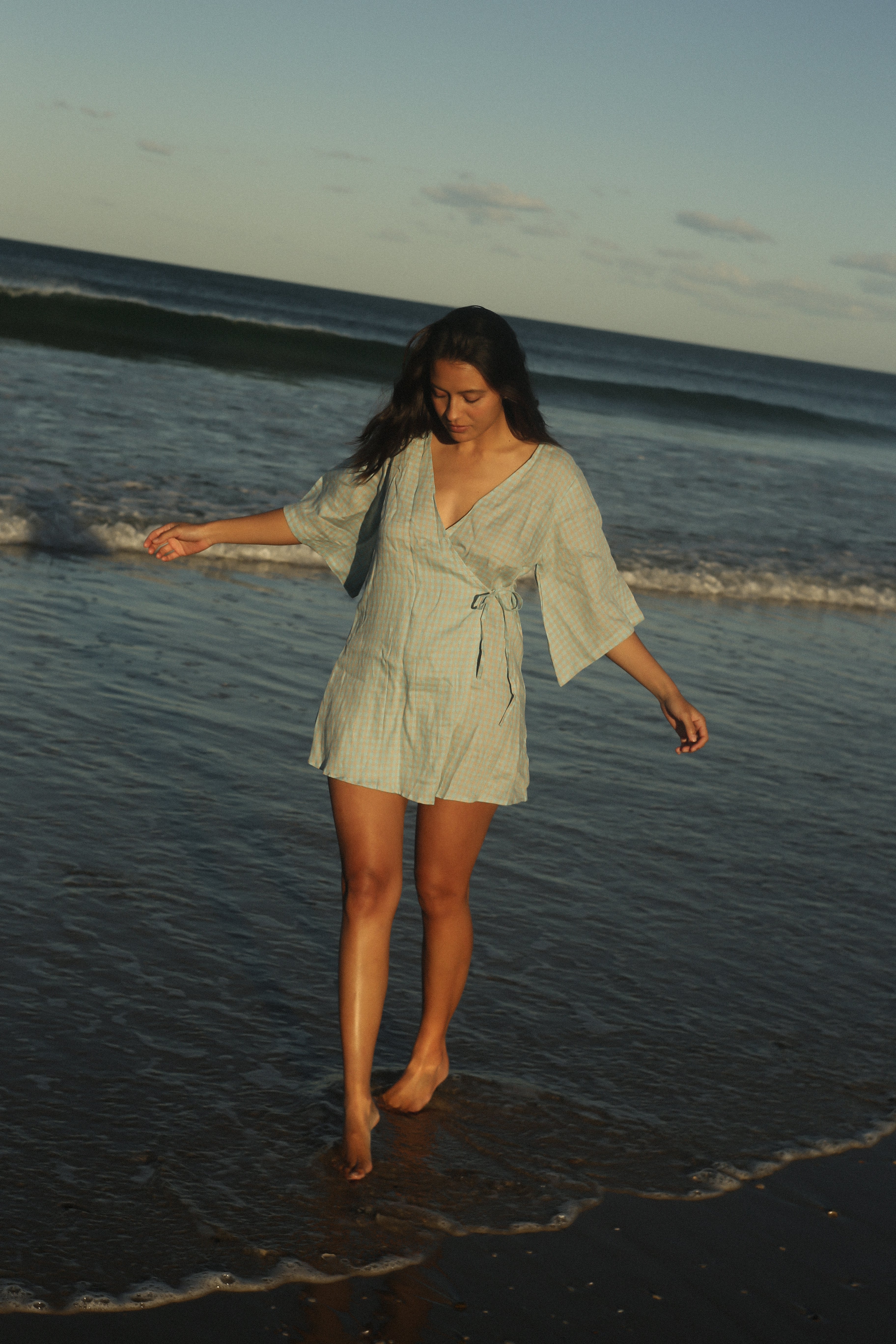 Mia Wrap Mini Dress Blue Beige Gingham (PRE-ORDER)