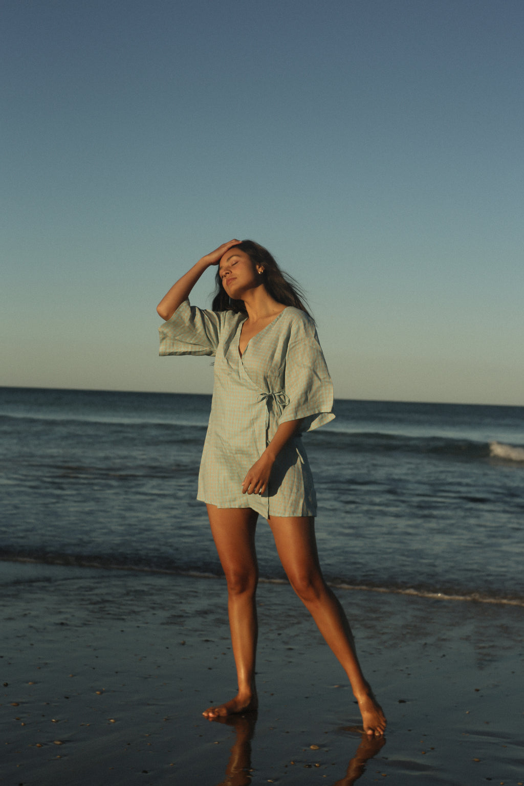 Mia Wrap Mini Dress Blue Beige Gingham (PRE-ORDER)