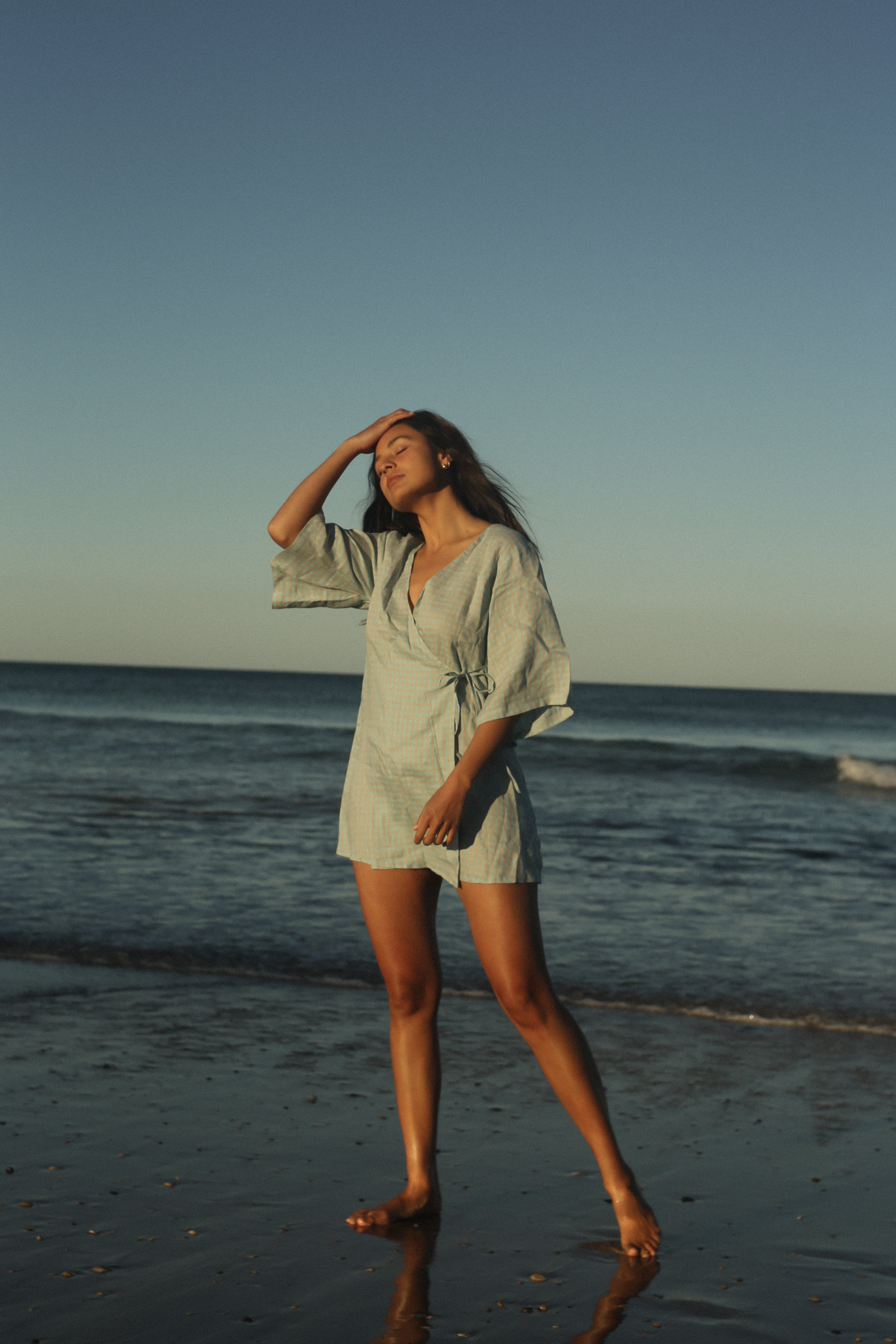 Mia Wrap Mini Dress Blue Beige Gingham (PRE-ORDER)