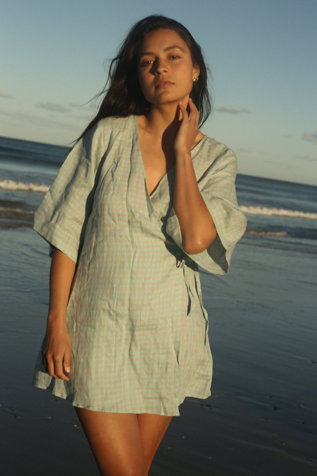 Mia Wrap Mini Dress Blue Beige Gingham (PRE-ORDER)