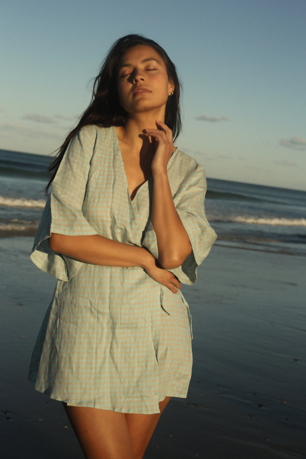 Mia Wrap Mini Dress Blue Beige Gingham (PRE-ORDER)