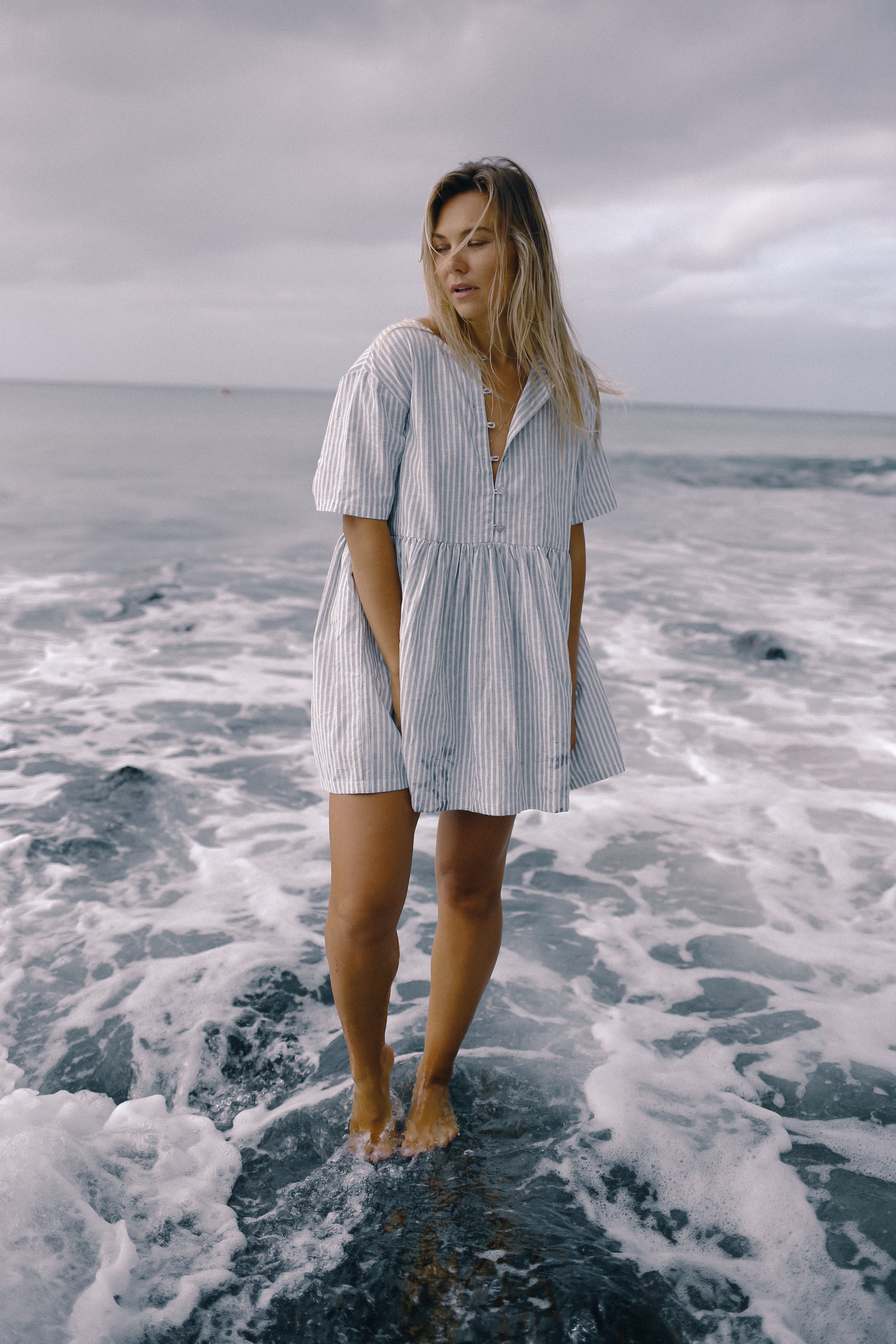 Darcey Dress Washed Blue Stripe