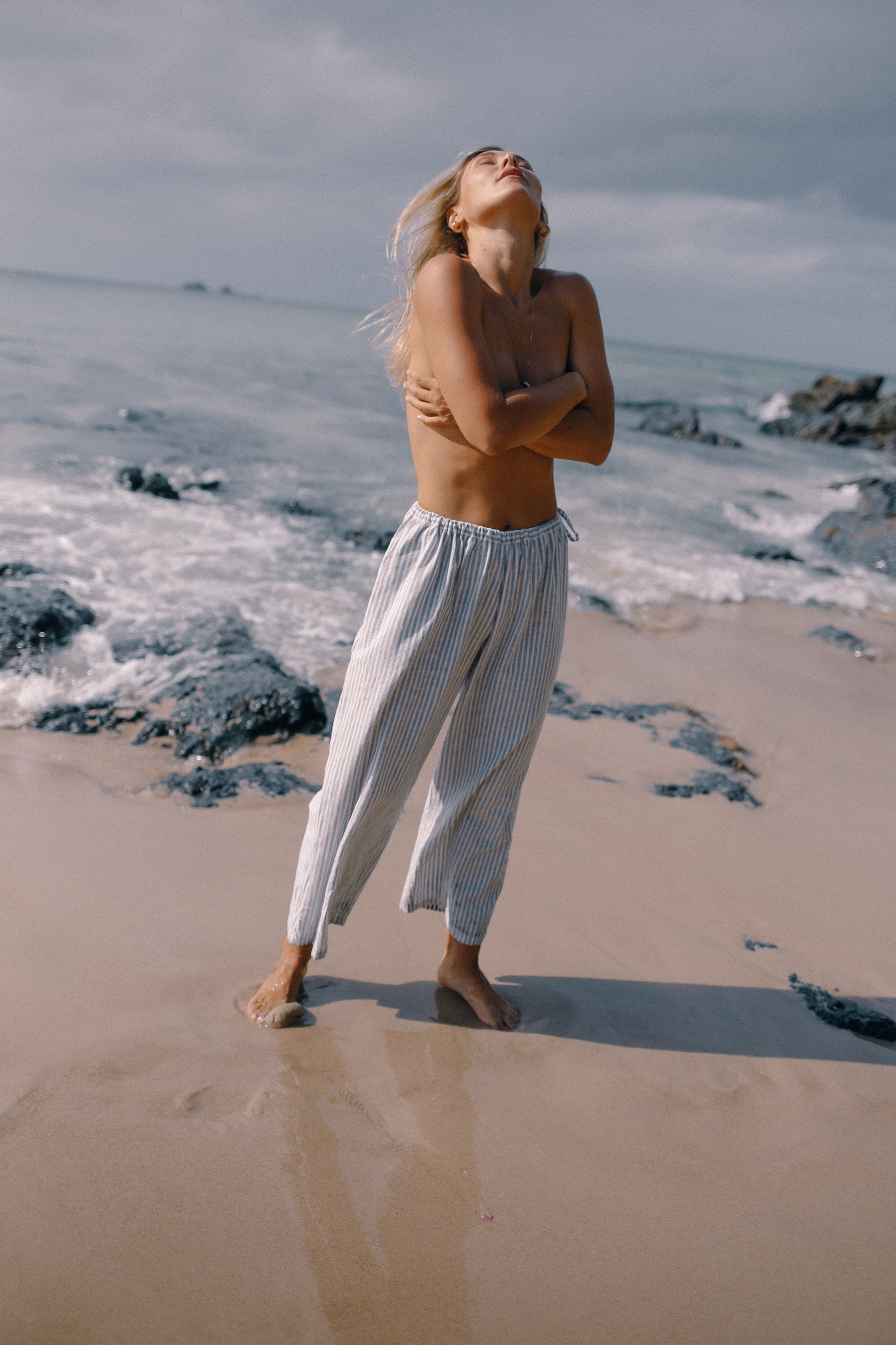 Chloe Tie Pant Washed Blue Stripe