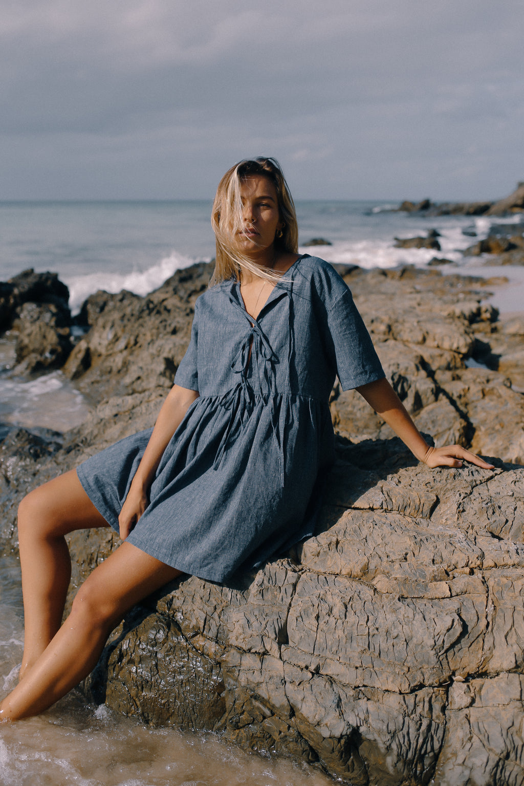 Darcey Tie Dress Navy Pinstripe