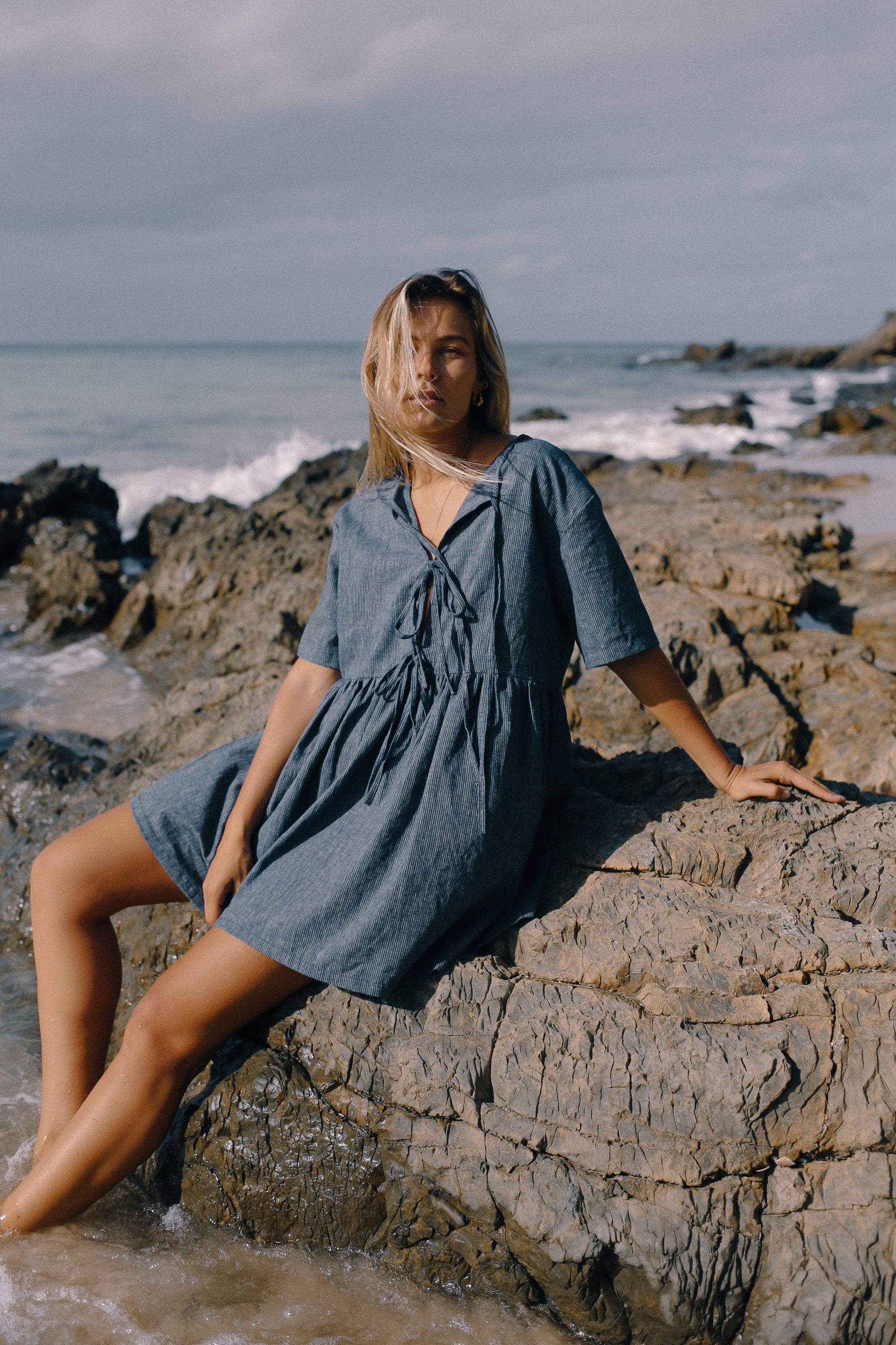 Darcey Tie Dress Navy Pinstripe
